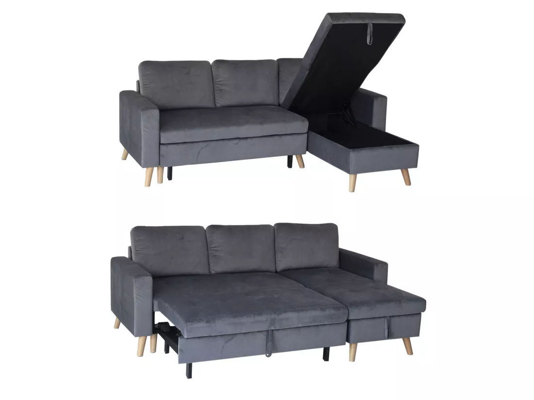 Canapé d'angle convertible JAMES 3 places en velours gris - HAPPY GARDEN