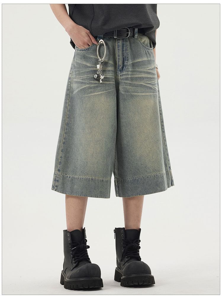 Cowpow - Mid Rise Washed Capri Wide Leg Jeans