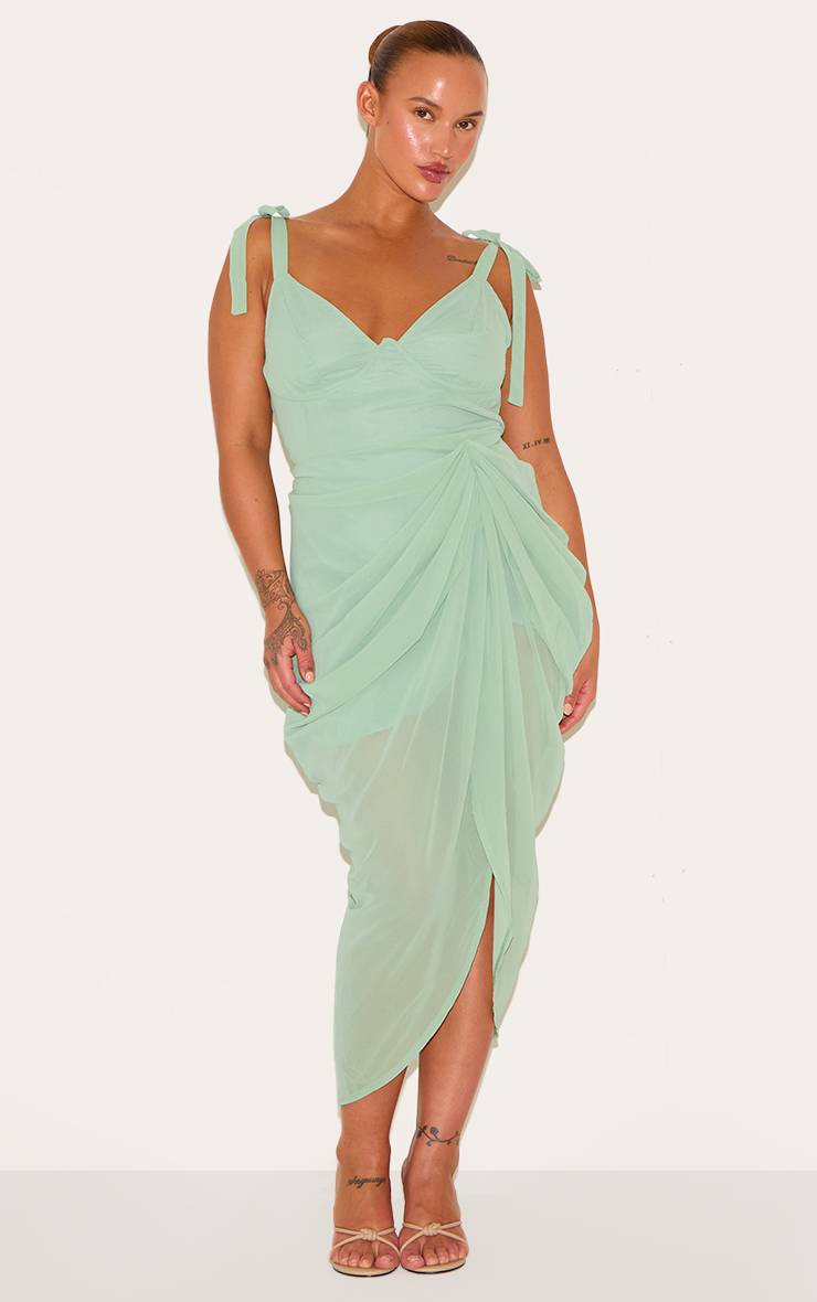 Vert Sauge Robe Midi Drapée Grande Taille Avec Détail À Armatures