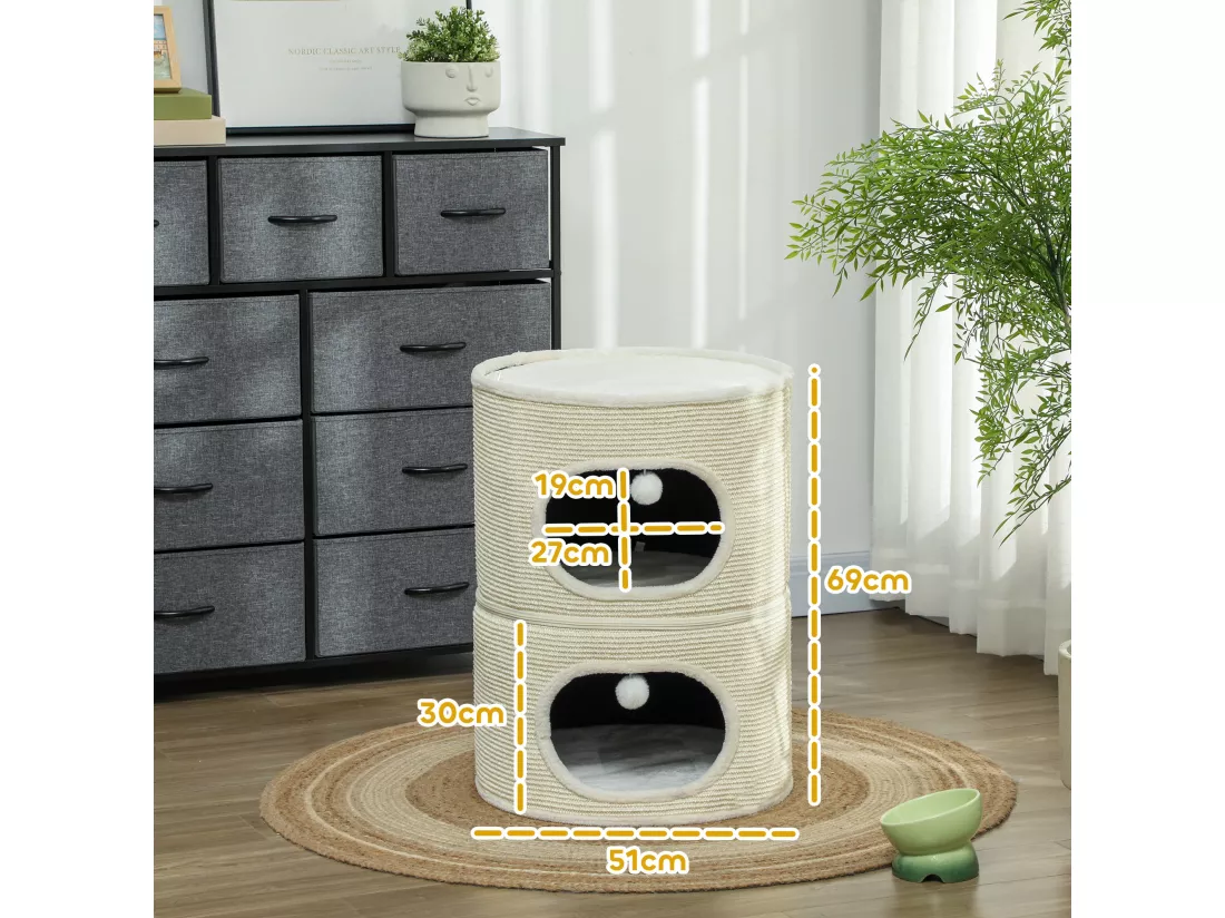 Tour pour chat modulable zippée 3 parties - tonneau griffoir chat 2 pompons - sisal naturel peluche crème