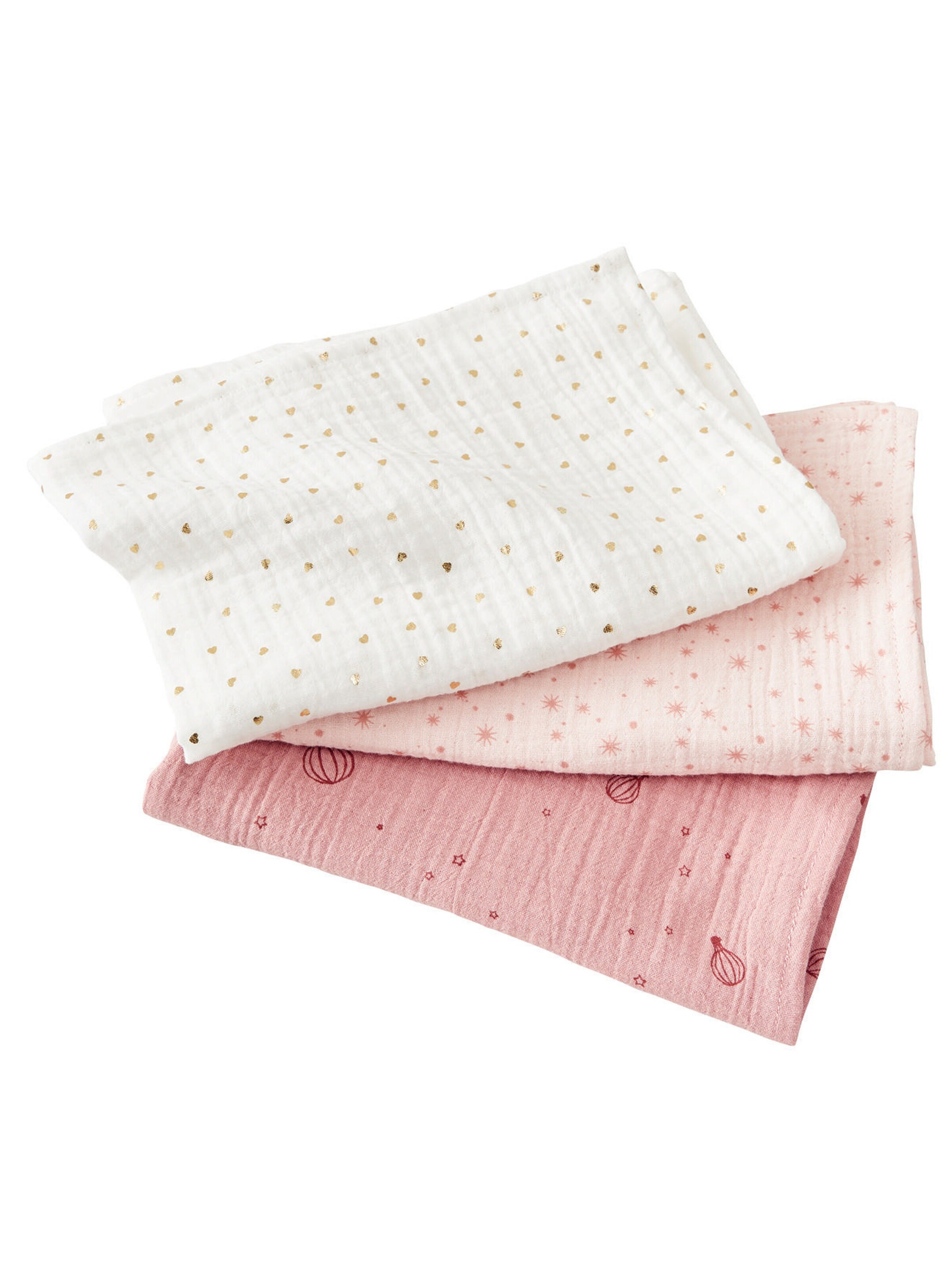 Vertbaudet 3er-Pack Baby Wickeltücher weiß herzen+rosa+dunkelrosa