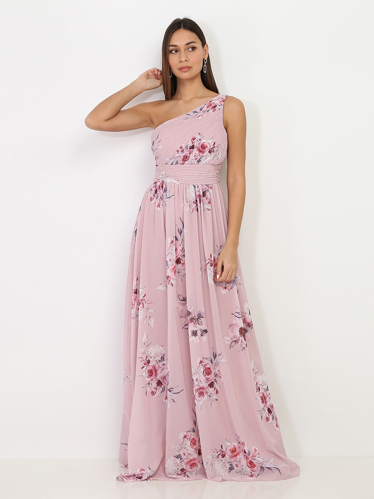 Robe longue asymétrique à fleurs- Vieux rose
