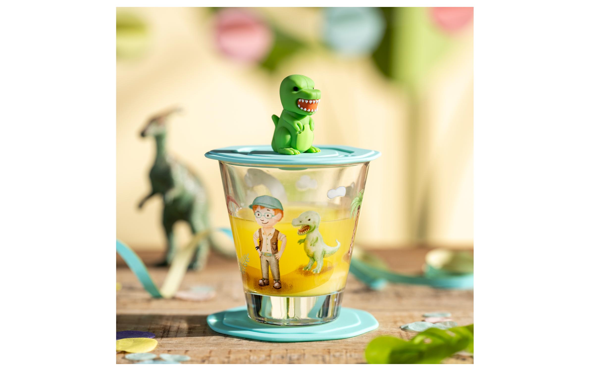 Kindertrinkglas Avventura 215 ml, 3-teilig, DinosaurierTrinkglas für Kinder mit Deckel und Untersetzer