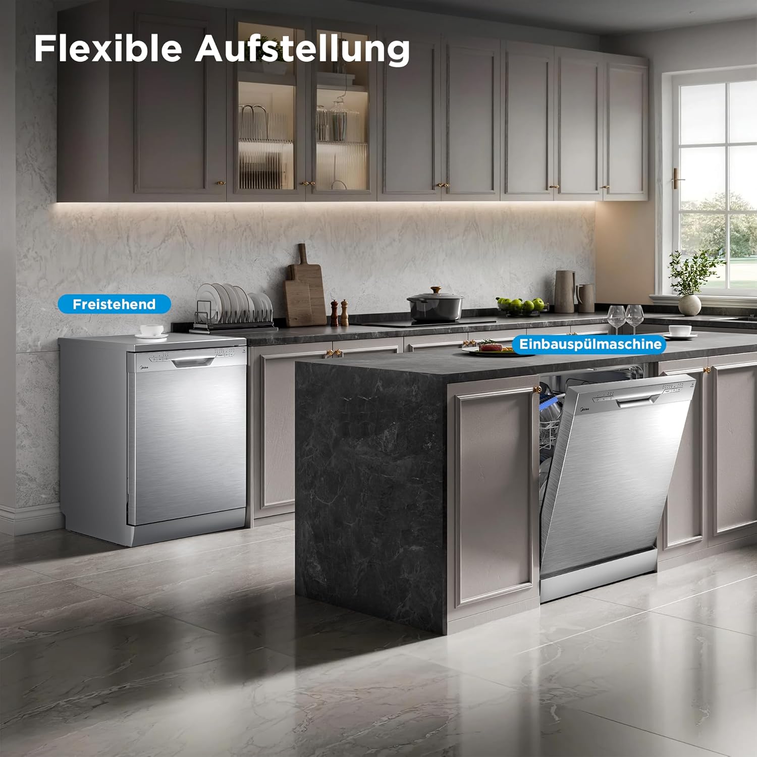 Midea Geschirrspüler 60cm Freistehend, SF 3.60N PRO Spülmaschine mit WLAN, 14 Maßgedecke, Geschirrspüler Unterbaufähig, 5 Programme, Höhenverstellbarer Oberkorb, 47 dB, Inox
