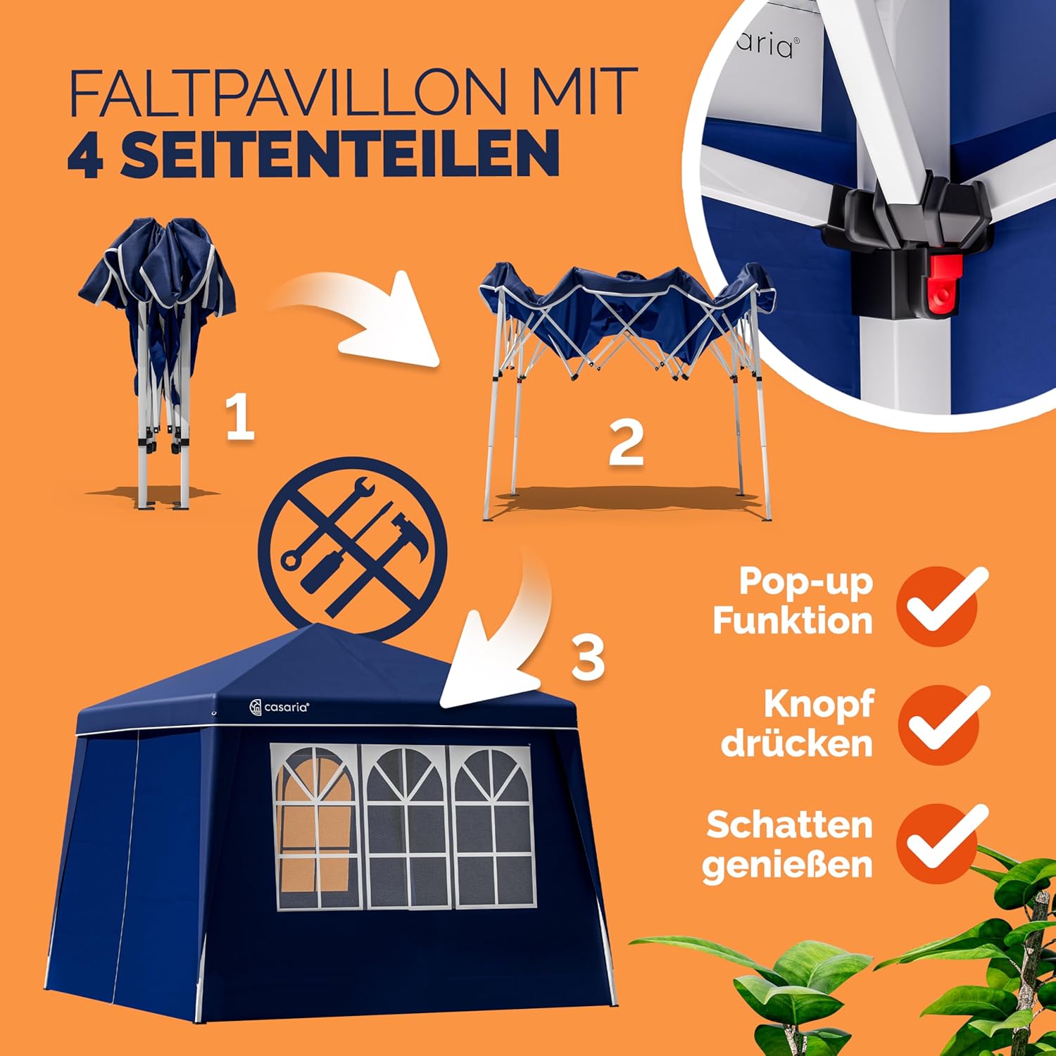 CASARIA® Pavillon Pop-Up 3x3m inkl. 4X Seitenteile Farbauswahl UV-Schutz 50+ inkl. Tasche wasserdicht faltbar Faltpavillon Zelt Festival Capri Blau