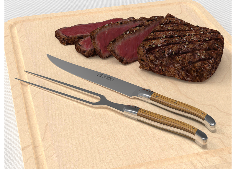Service à viande Laguiole avec un manche en bois de chêne et mitres en acier inoxydable