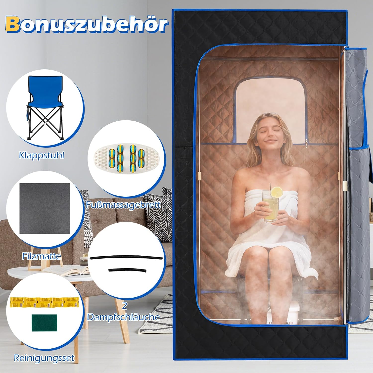 COSTWAY 3L Dampfsauna 1200W, Saunazelt mit 15-stufige Temperaturregelung, Fernbedienung, Timer, klappbarer Stuhl & Matte, Ganzkörpersaunabox tragbar Heimsauna (88 x 88 x 179 cm,Blau)