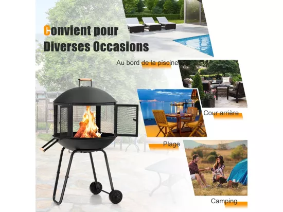 Brasero Exterieur de Jardin 108x57cm à 2 Portes avec Grille, Chauffage Foyer avec Roues Protection Contre Étincelles, Treillis Métallique Ventilation pour CamBoisg Barbecue