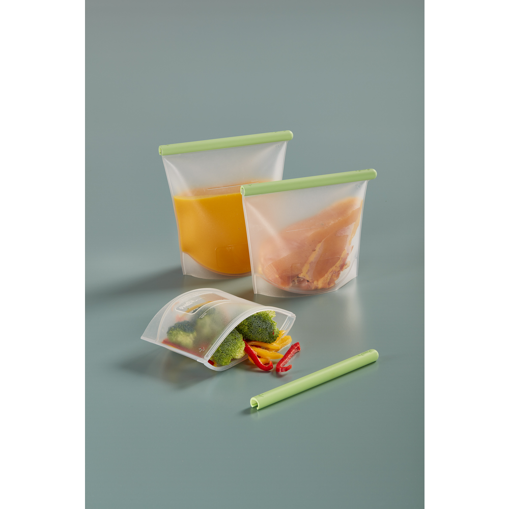 Vershoudzak Staand, set van 3, 0,5 L + 1 L + 1,5 L, Herbruikbaar - Green