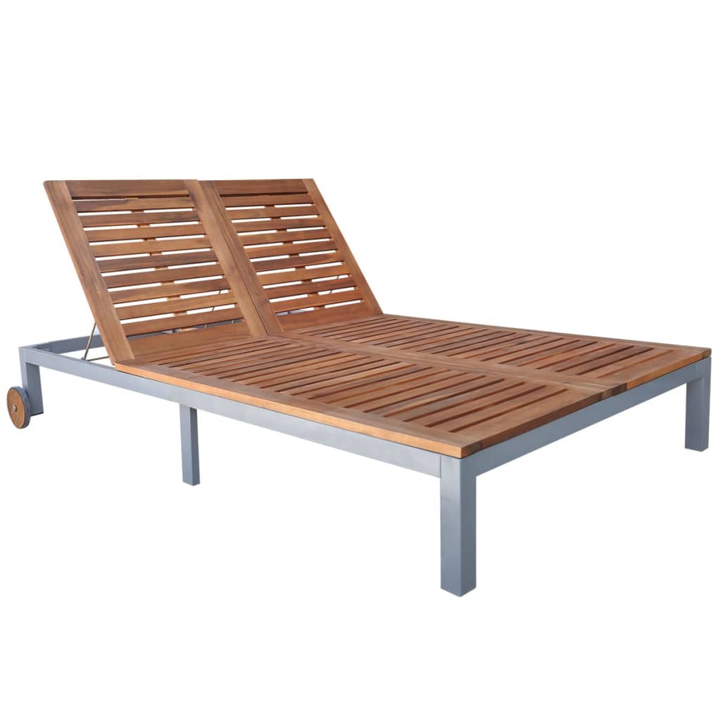 Transat chaise longue bain de soleil lit de jardin terrasse meuble d'extérieur 2 places avec coussin acacia solide et acier 0
