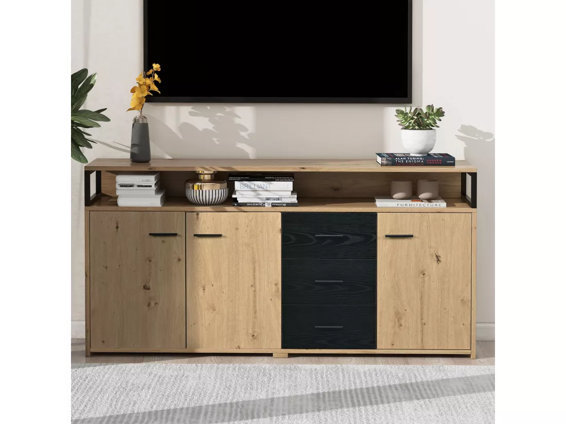 Buffet industriel effet bois avec 3 portes et 3 tiroirs rangement avec poignée métallique 150x35x75,9cm VAGNAD