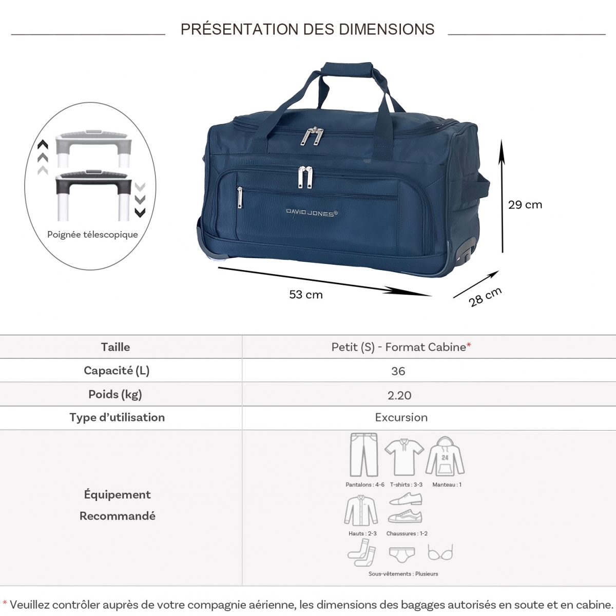 David Jones Sac de voyage cabine avec roulettes 36L David Jones polyester taille S 53cm
