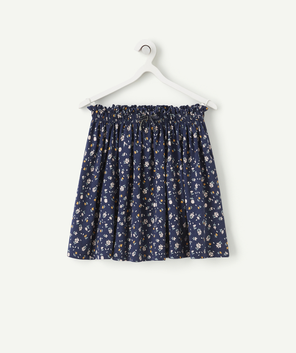 JUPE EN MAILLE FILLE BLEU MARINE ET IMPRIMÉE FLEURIE