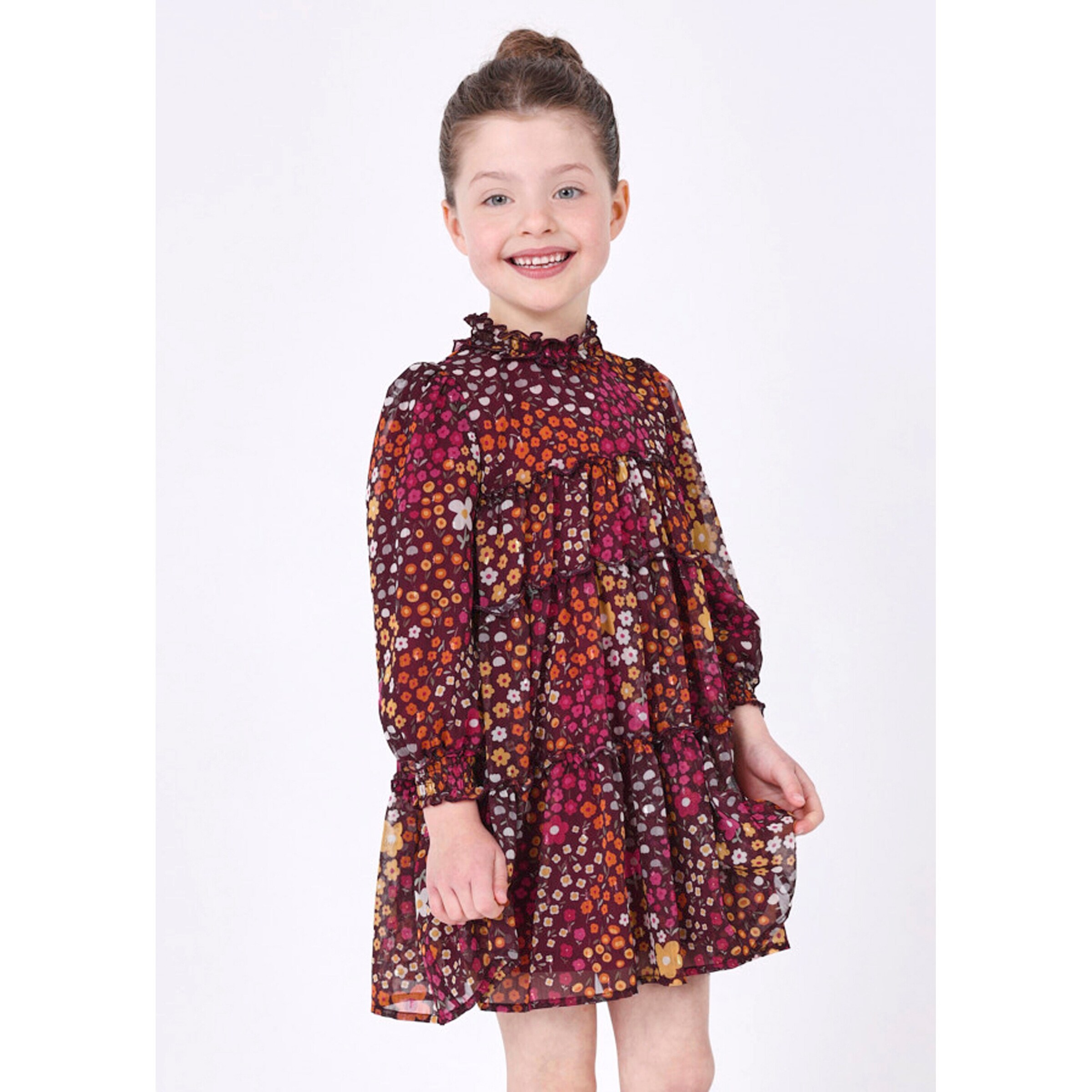Mayoral Chiffon-Kleid langarm Blumen beere/bunt