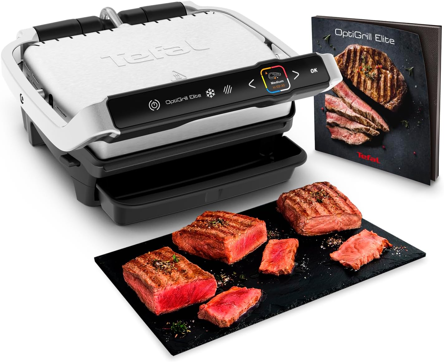 Tefal OptiGrill Elite Kontaktgrill, 12 automatische elektrische Grillprogramme, Digitales Display mit Garstufenanzeige, abnehmbare Platten, Elektrogrill, Edelstahl, GC750D16