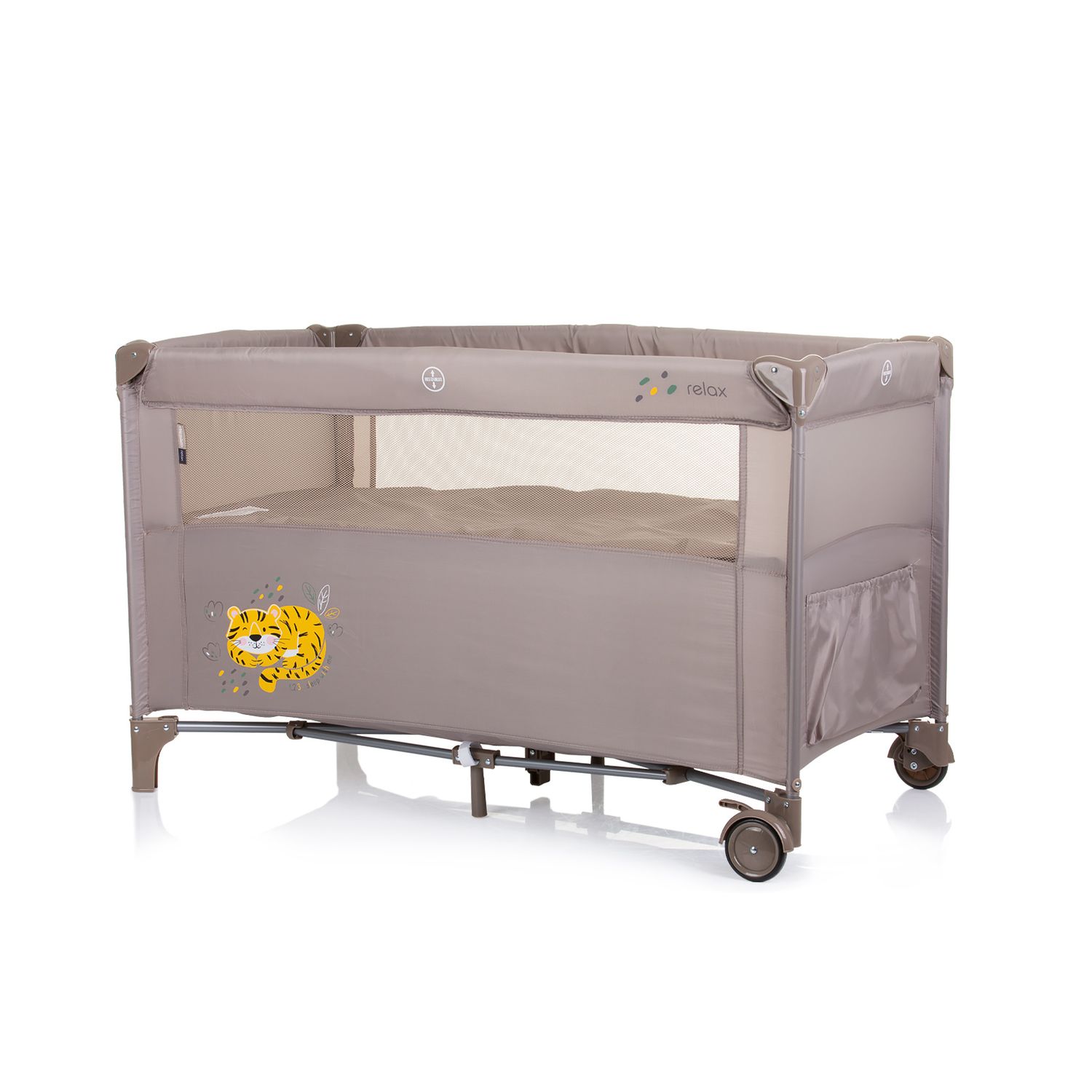 Chipolino Reisebett Relax 2 Ebenen, Vorderseite absenkbar, Seiteneingang, Tasche braun