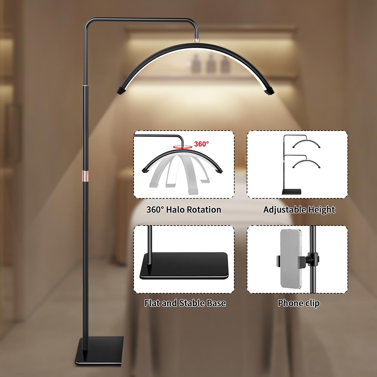 Halbmond-Stehlampe für Wimpern, Wimpern Lampe für Wimpernverlängerungen mit Telefonhalter, Tätowierer, Nageltechniker – kühle, LED Beauty-Ringlicht Warme Lampe mit Einstellbarer Helligkeit und Höhe