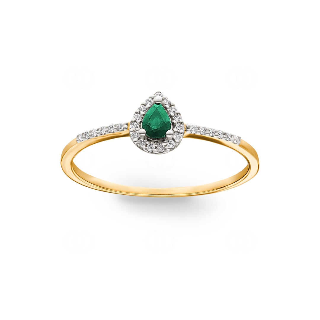 Damenring 750/18 K Gelbgold mit Smaragd Tropfen und Diamanten 0.08 ct H/si