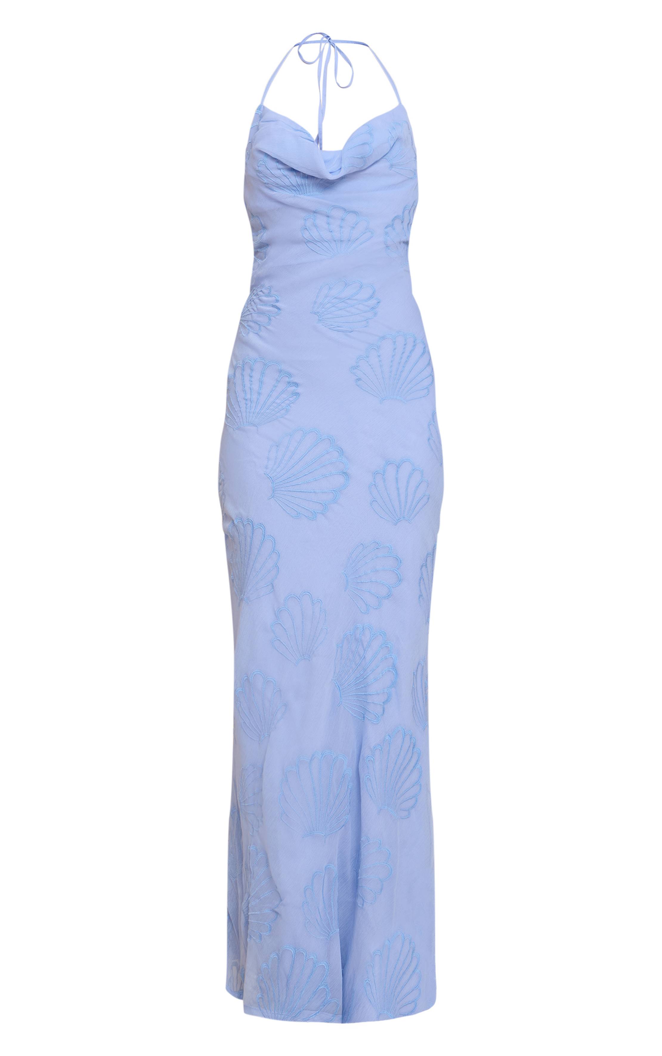 Bleu Pâle Robe Longue En Mousseline De Soie Brodée De Coquillages Avec Col Drapé
