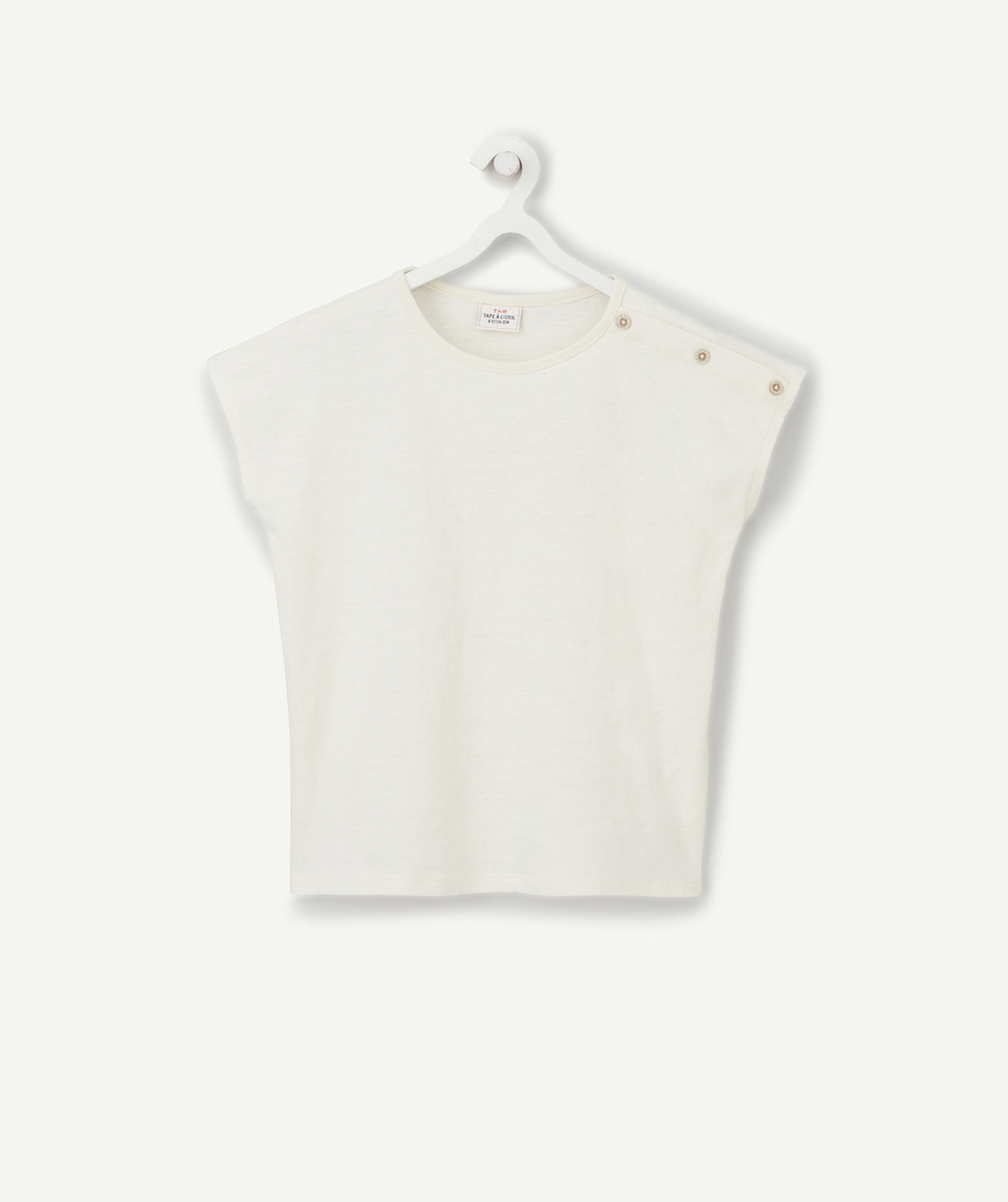 T-SHIRT FILLE ÉCRU EN COTON BIO AVEC BOUTONS PAILLETÉS