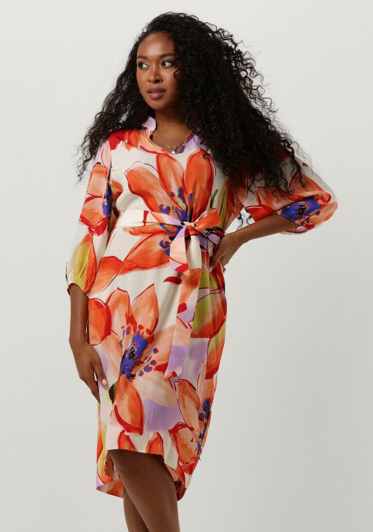 JANSEN AMSTERDAM oranje jansen amsterdam midi jurk wbf514 woven print dress kneelength v-neck 3/4 puffed sleeve