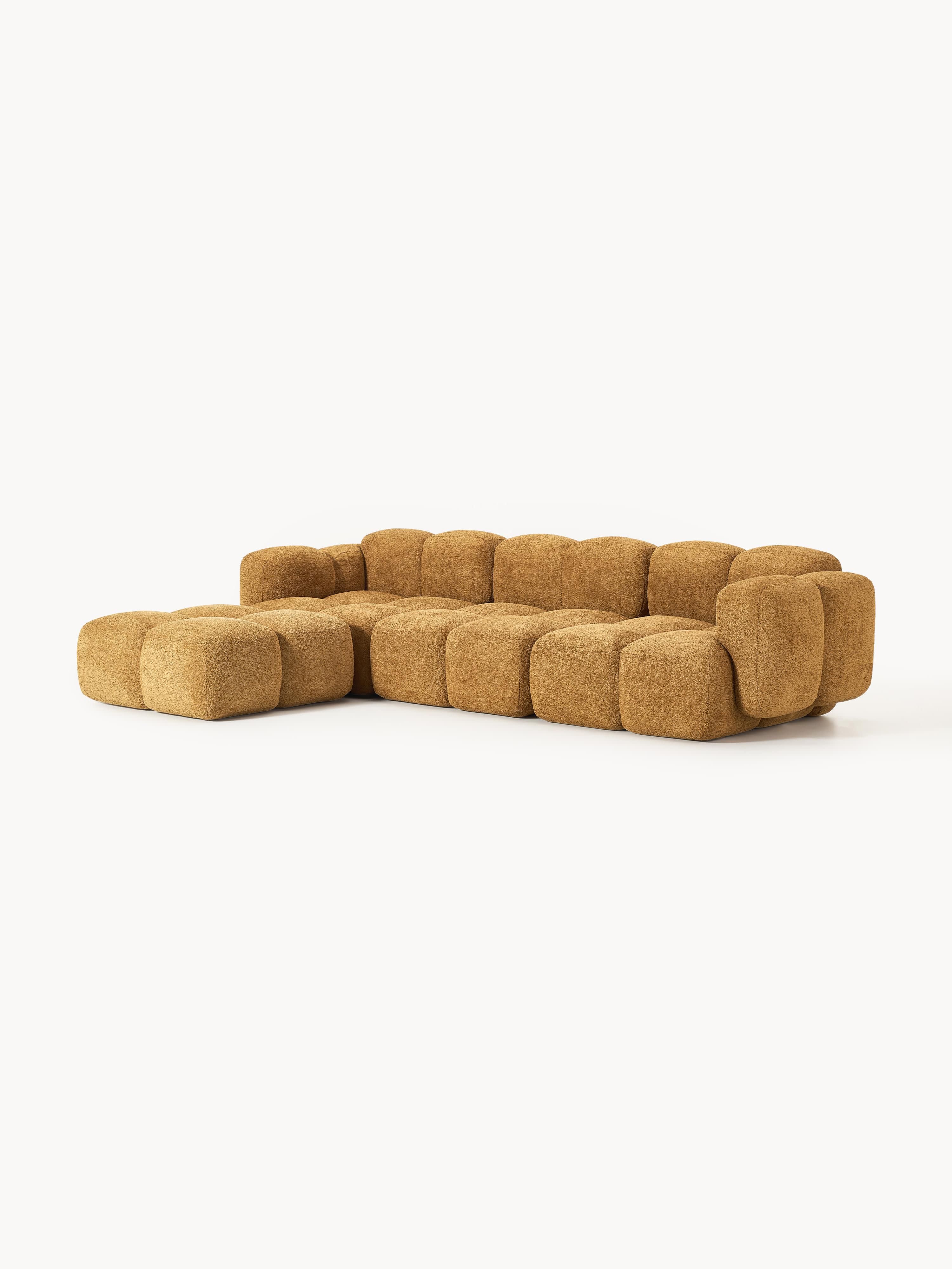 Modulaire bank Tayla (4-zits) van teddy bouclé met poef (links/rechts)