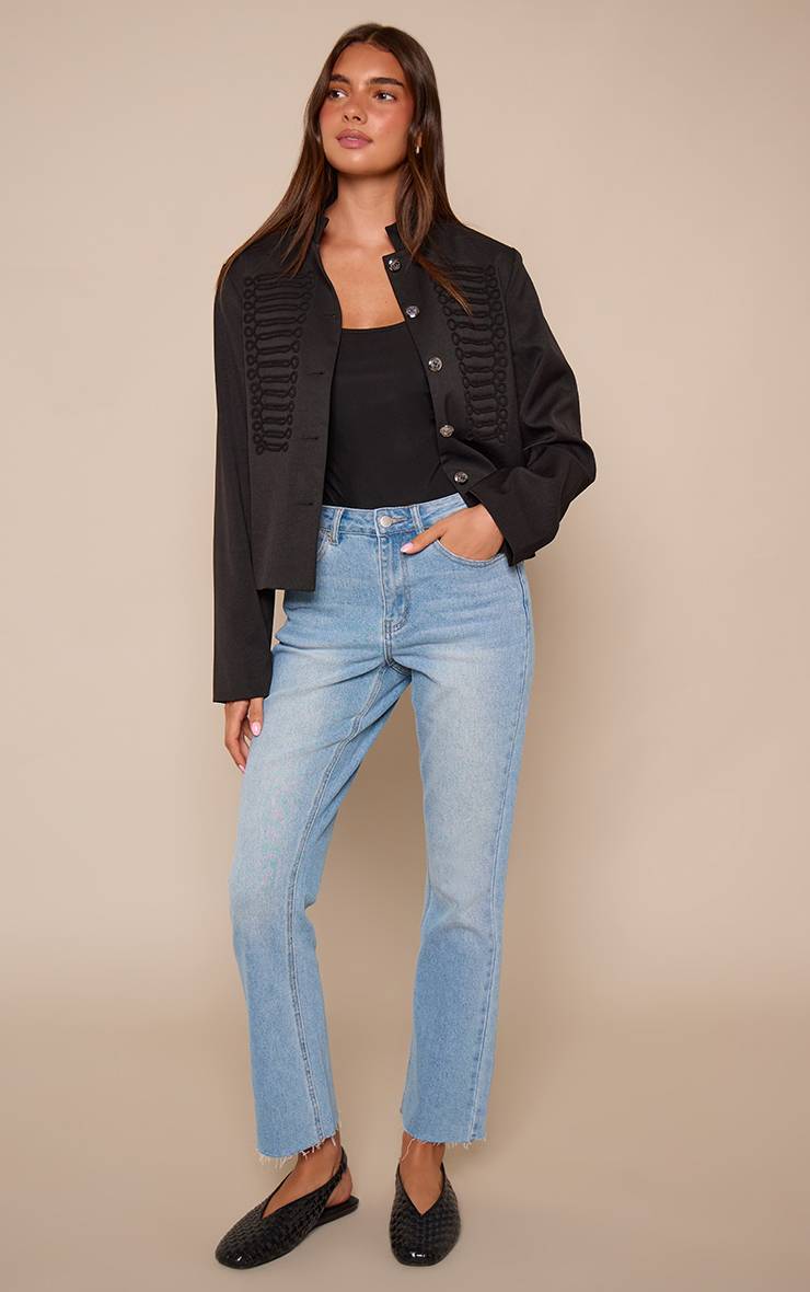 Mid Blue Wash Jean Droit Bleu Moyen Recadré À Ourlet Brut