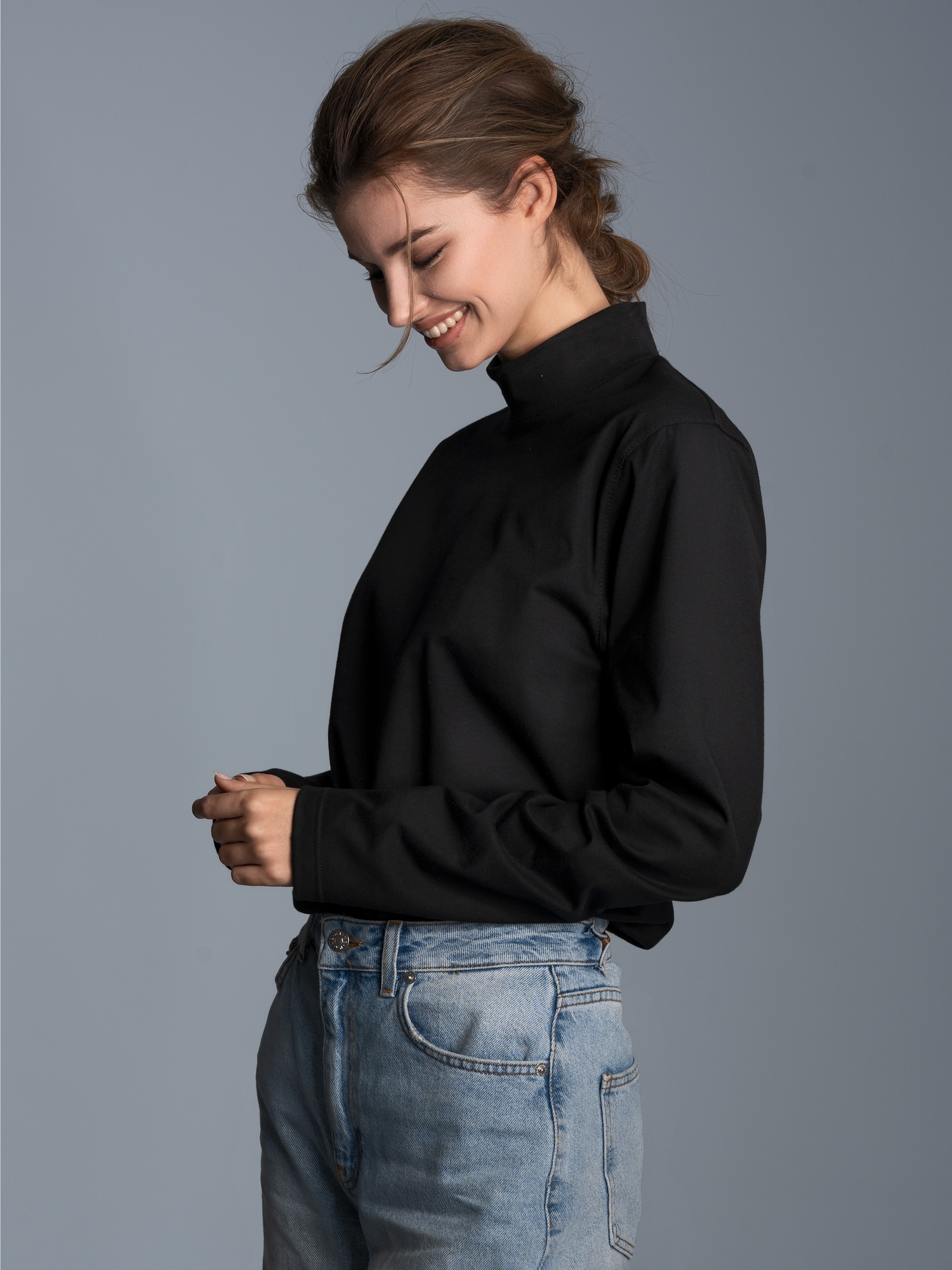 Langarm Shirt mit Stehkragen Schwarz