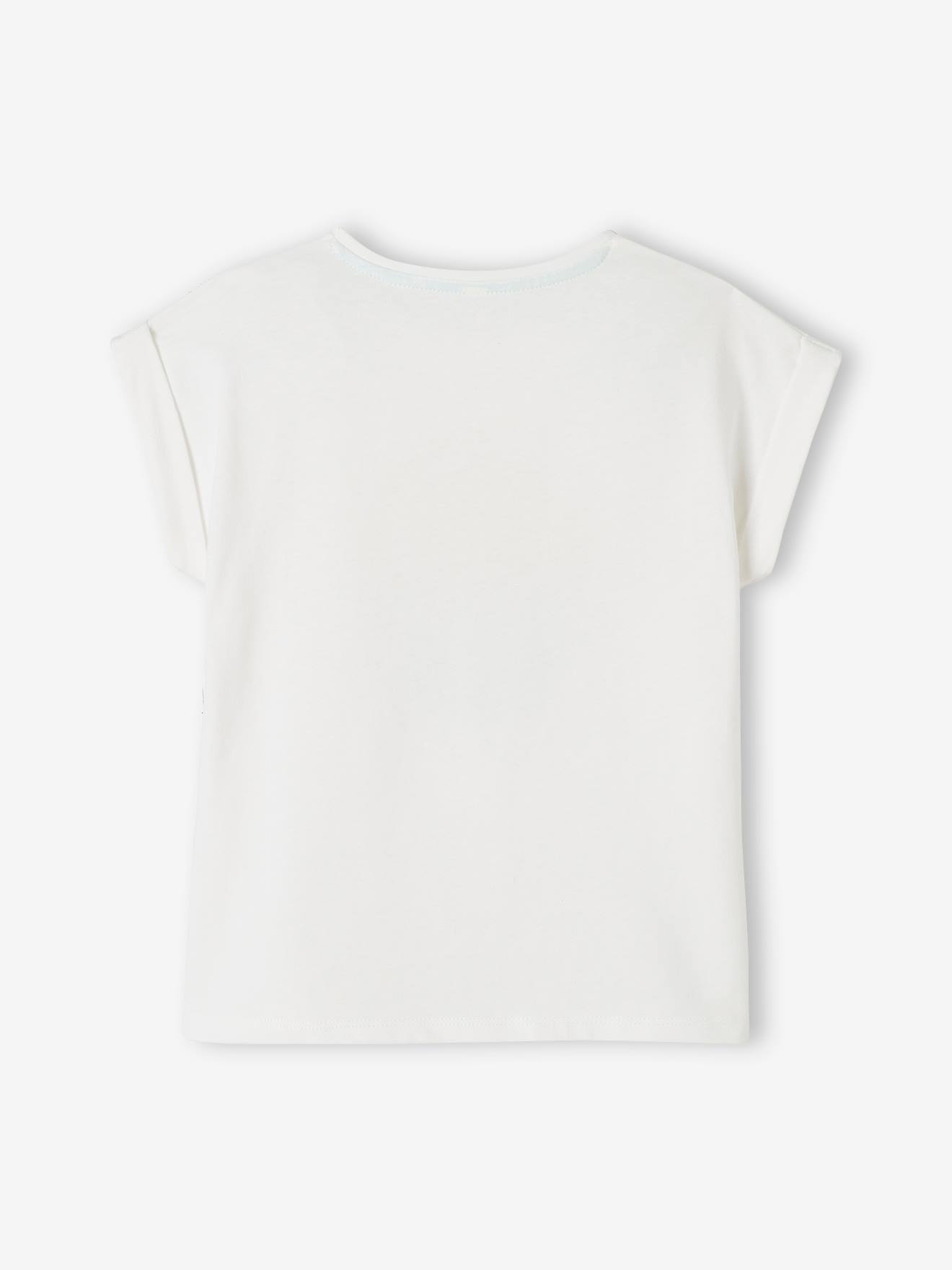 Camiseta feminina com estampa iridescente de conchas. Lisa, branca clara com detalhes.