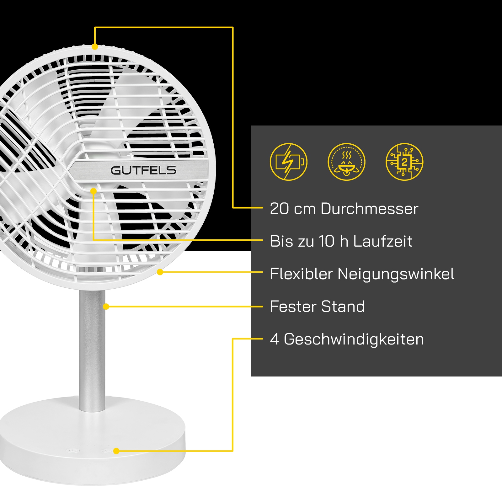 Gutfels Tischventilator »»VENTI 3020 R«« 20 cm Durchmesser bis zu 10 h Akkulaufzeit, Ø 20 cm, 4 Stufen, leise, modernes Design