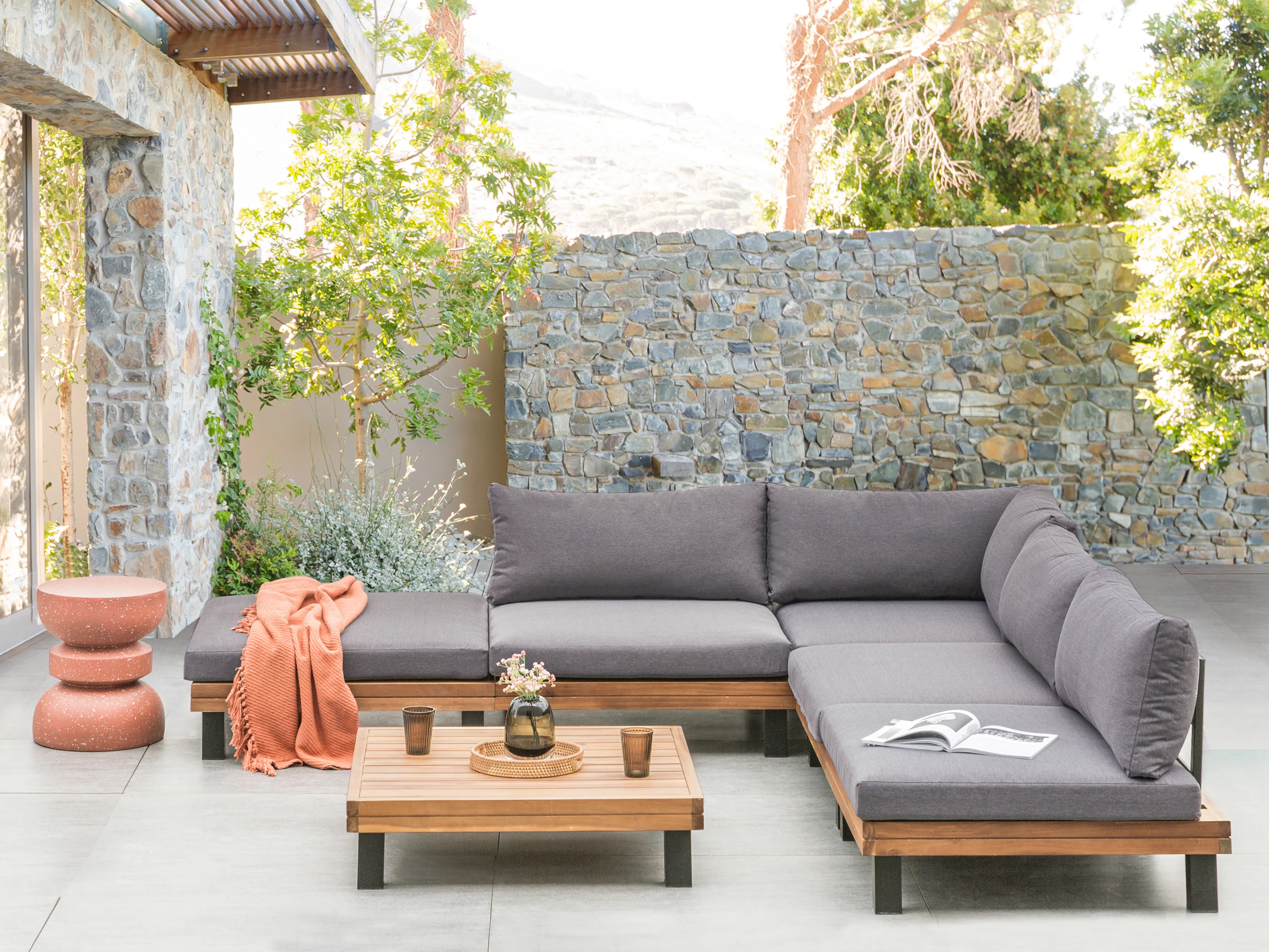 Tuin hoekloungeset met tafel 5-zits FRAZZANO modulair Gecertificeerd acaciahout Grijs