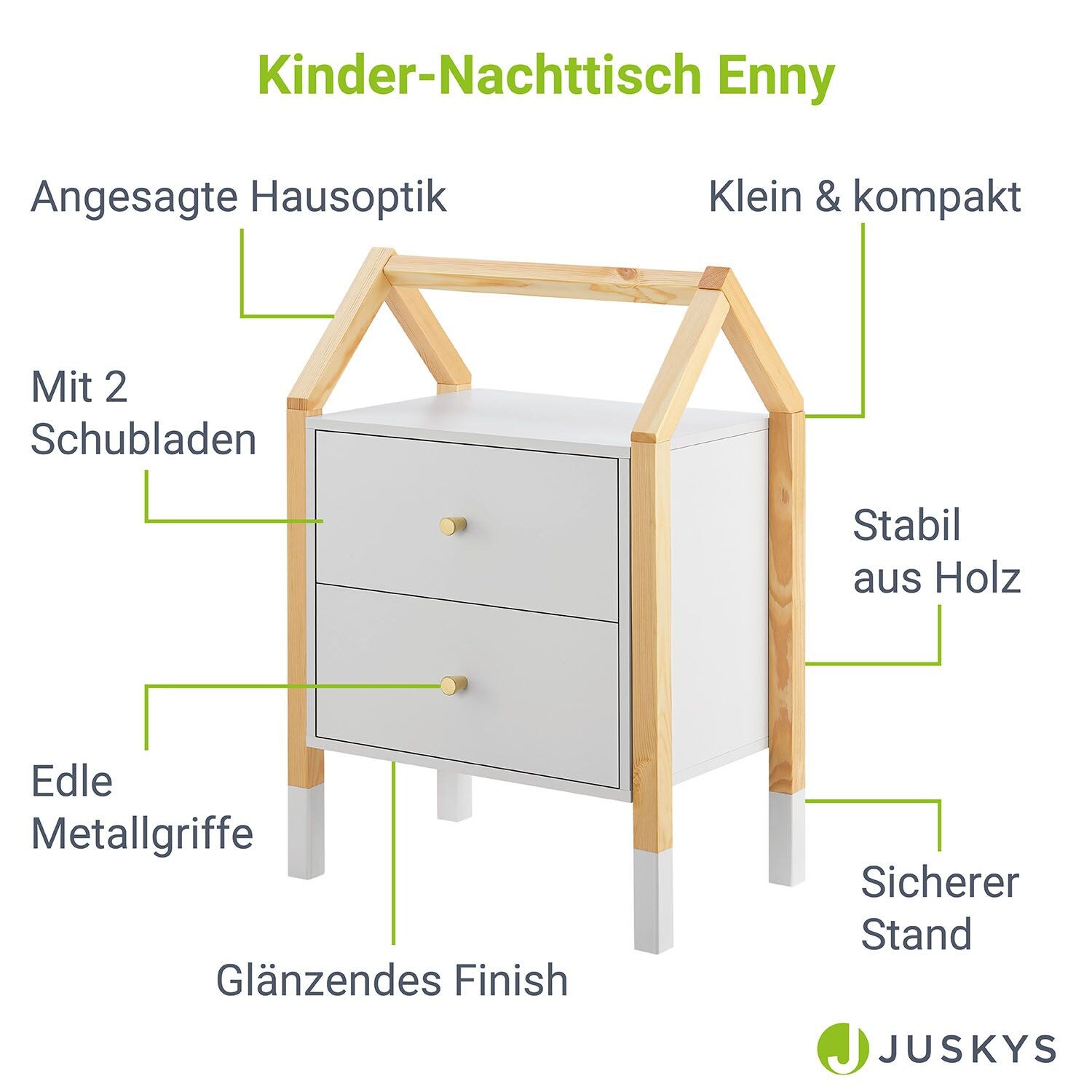 Juskys Kinder Nachttisch Enny mit 2 Schubladen - Nachtschrank klein & modern - Kommode Holz - Weiß