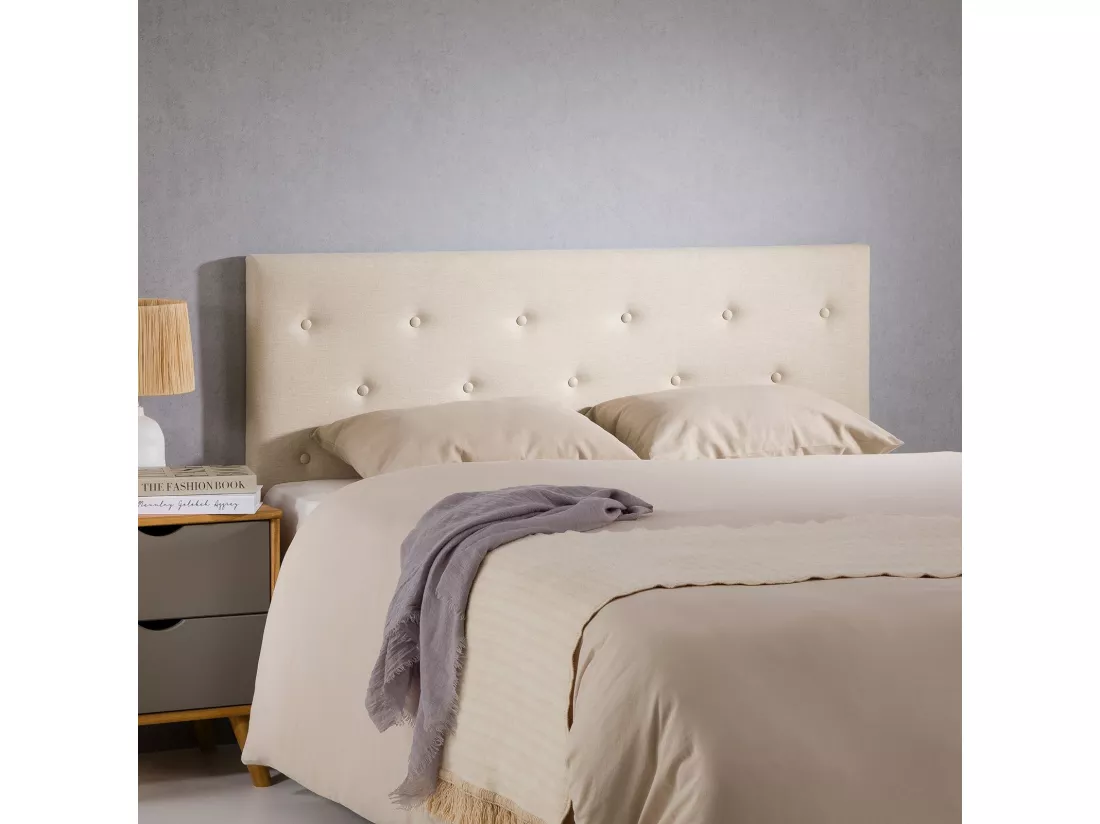 Tête de lit LULINE 160 capitonnée, En tissu rembourré, Pieds en bois, Design élégant, Pour lits 160 cm, Écru