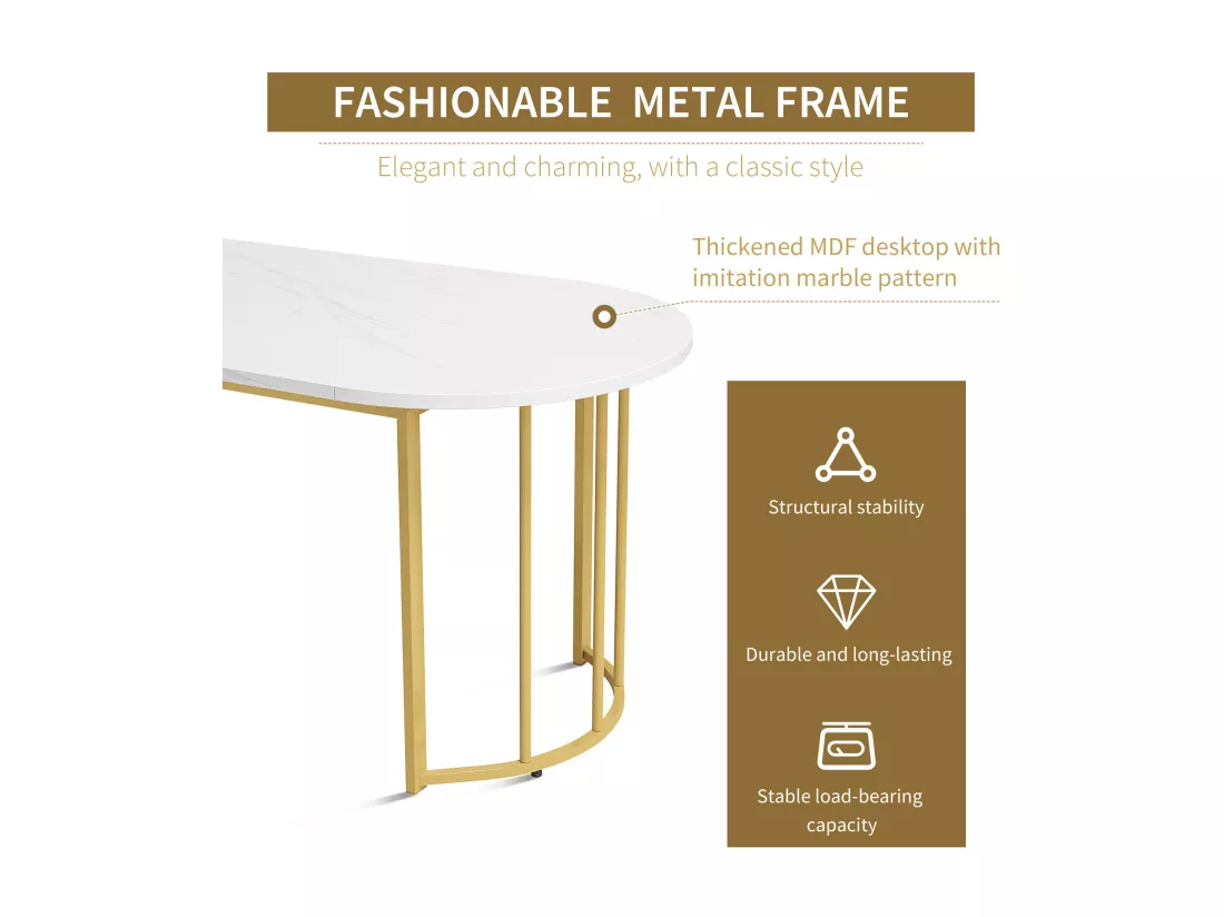 Table à manger 4 à 6 couverts - 118.5 x 70 x 75 cm - Bois MDF + métal - Motif marbre - Blanc + or