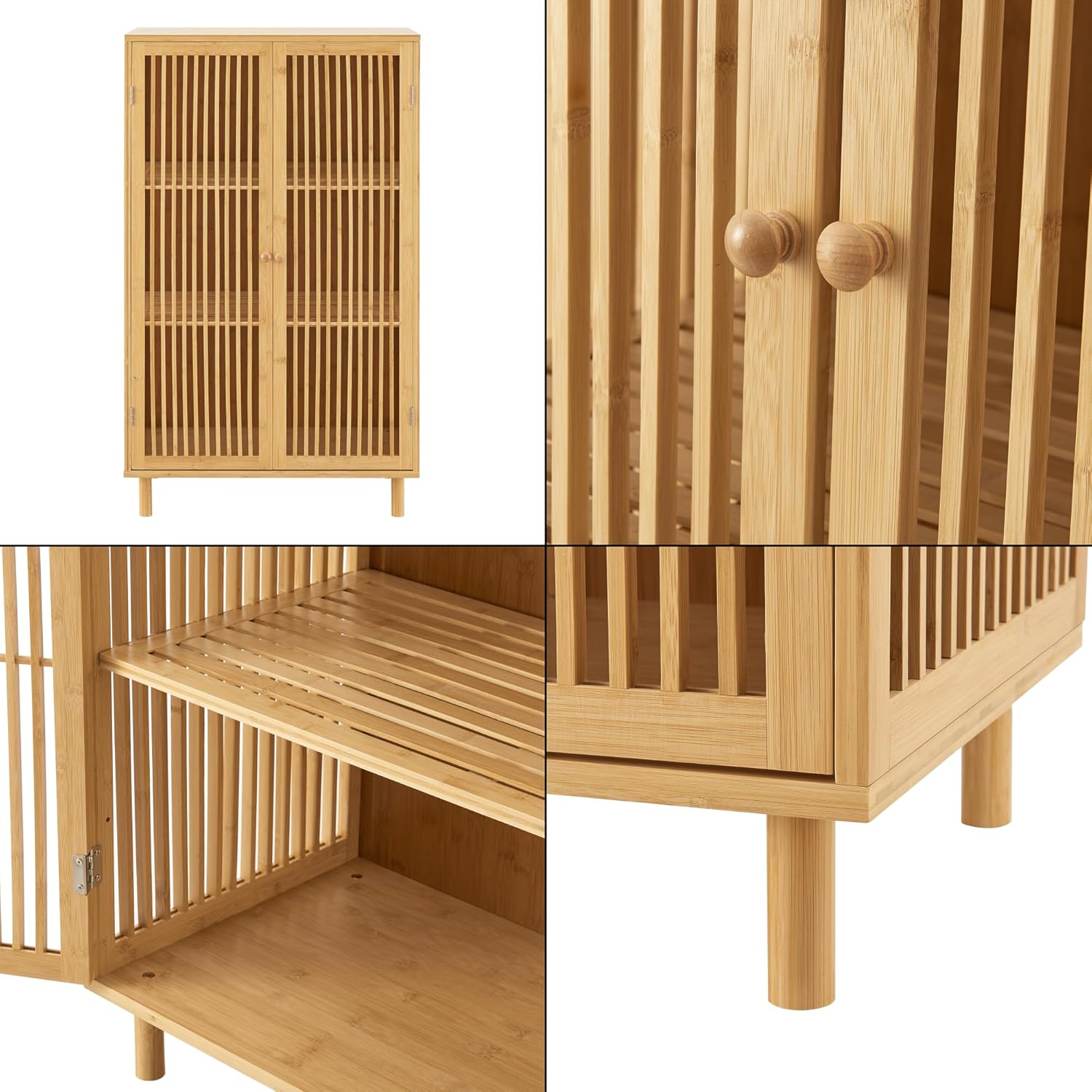 [en.casa] Beistellschrank Grong Mehrzweckschrank Wohnzimmerschrank 110 x 66 x 40 cm Kommode Aufbewahrungsschrank mit 2 Türen Schrank für Wohnzimmer 3 Ablagen Bambus Natur
