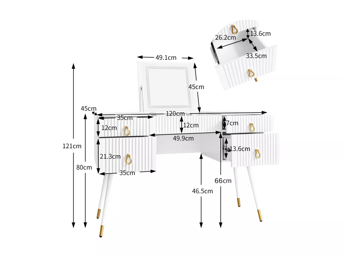 Coiffeuse Comprend un miroir LED à luminosité réglable,Table de rangement à 4 tiroirs,Bureau univer,Sans chaises,Blanc