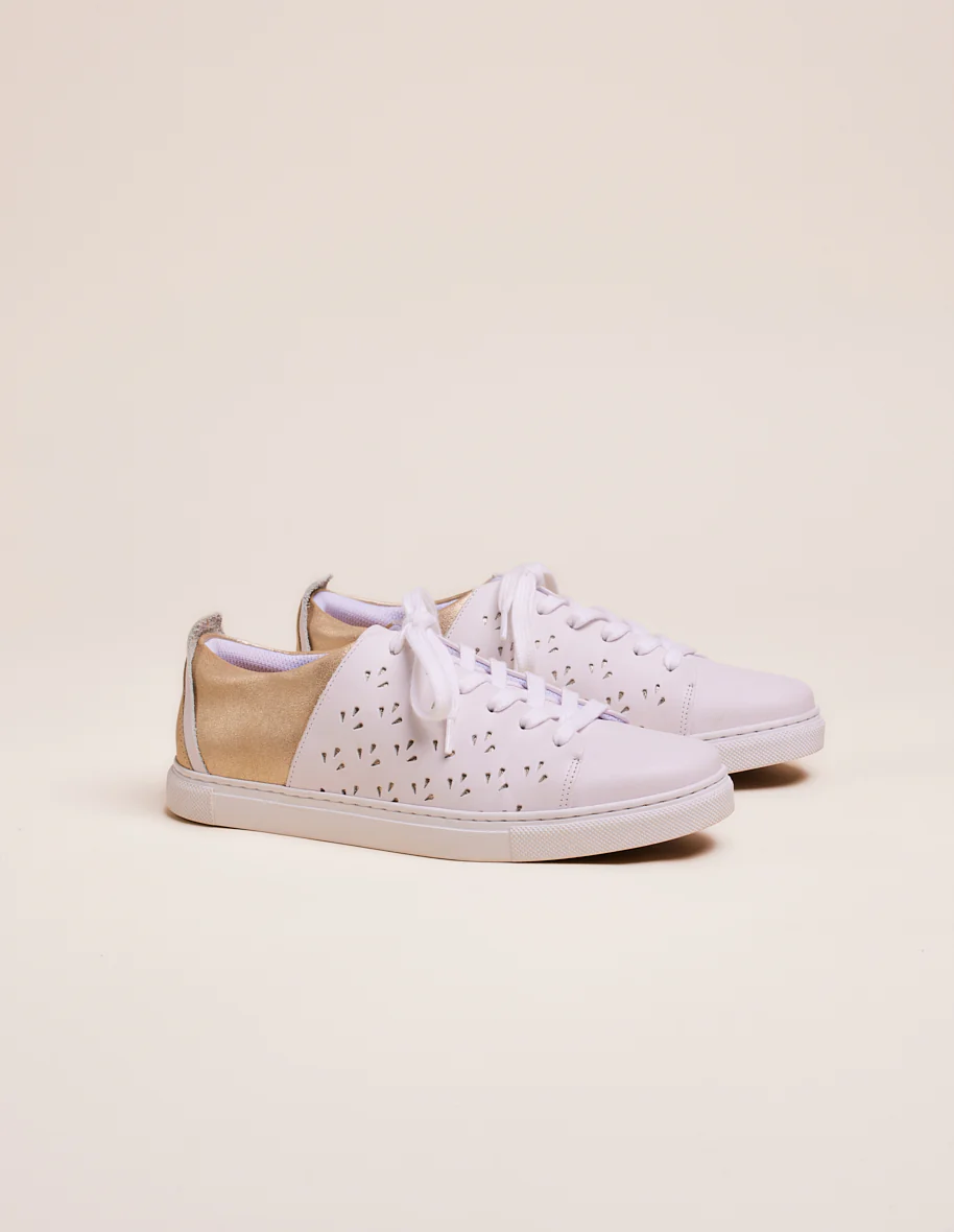 Baskets basses Renée ajourée - Cuir blanc et lamé champagne