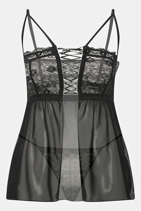 2-tlg. Set, Négligé & String, Schnürdetails, verschiedene Tragevarianten