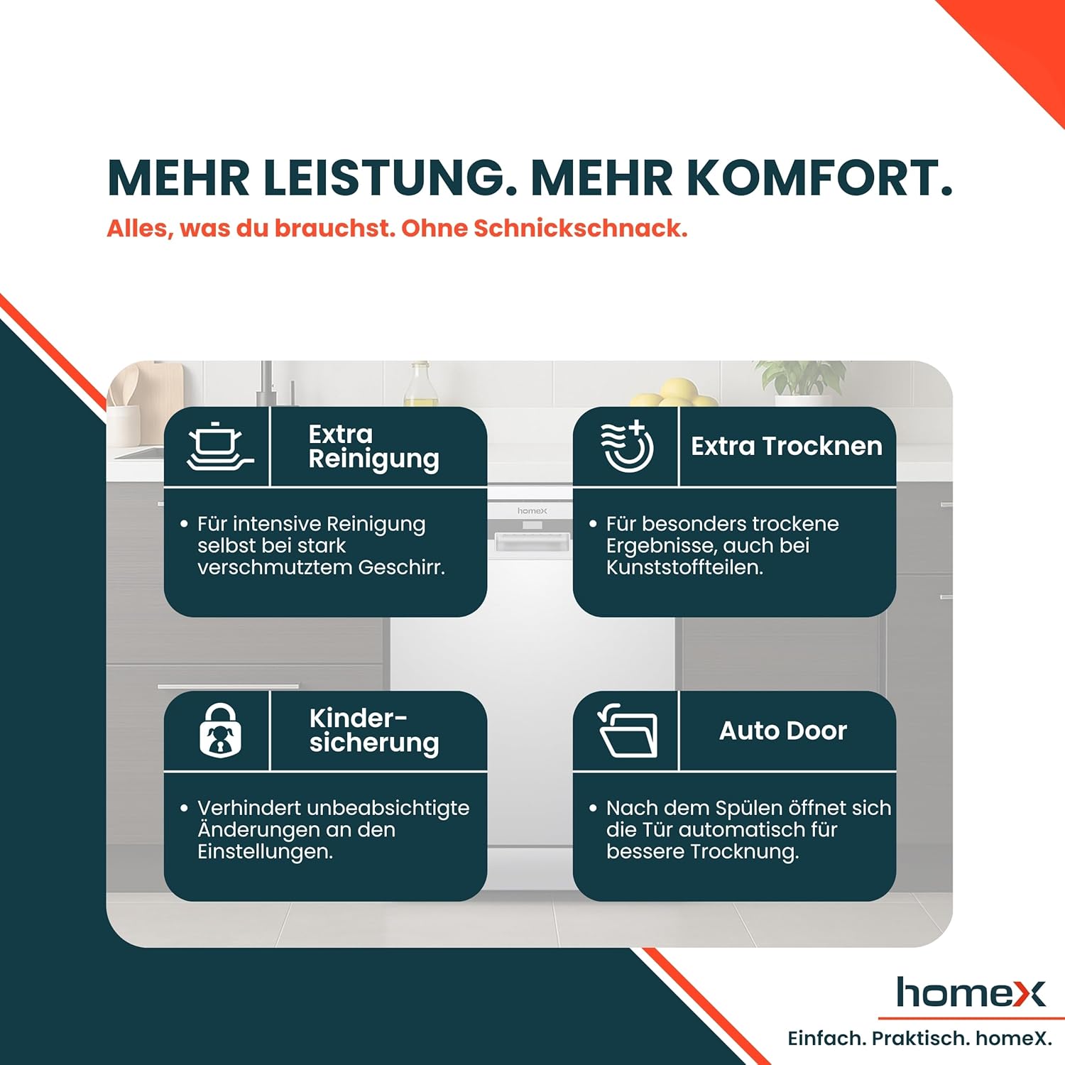 homeX Geschirrspüler 60 cm, Spülmaschine freistehend - 14 Maßgedecke, 7 Programme, AquaStop, Besteckschublade, 44 dB, Startvorwahl, Überlaufschutz, Automatische Türöffnung, Unterbaufähig, Silber