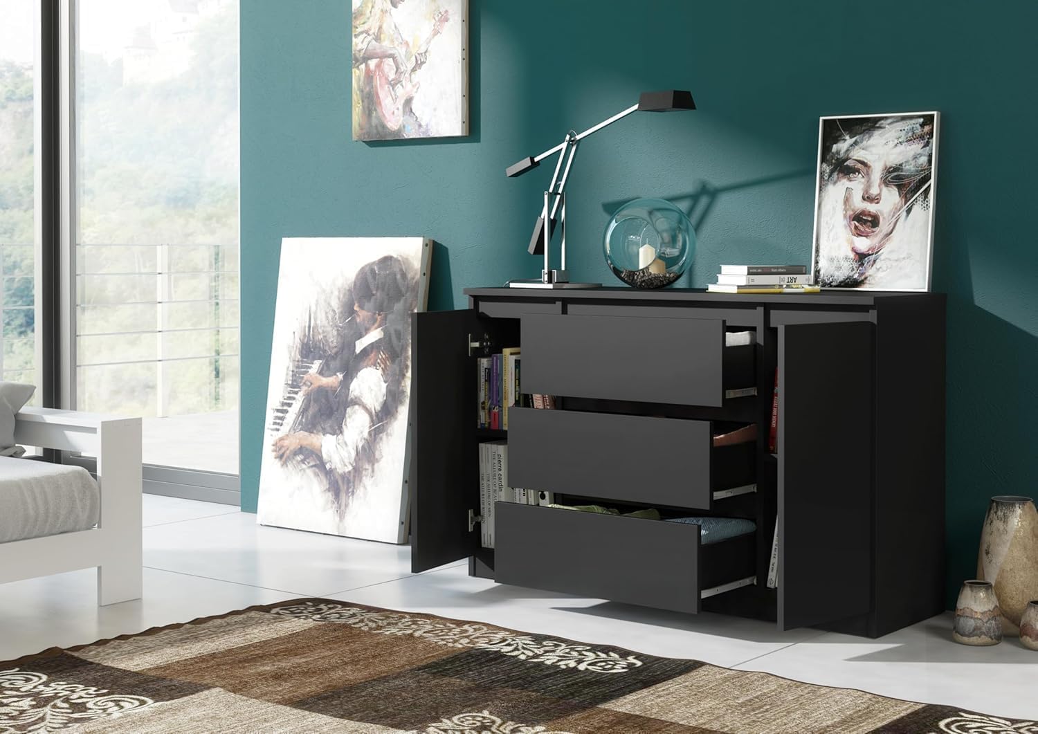 meble masztalerz Kommode 120 cm Breit - Modernes Sideboard - Highboard mit 3 Schubladen - Schubladenschrank - Kommodenschrank für Wohnzimmer, Flur, Schlafzimmer - Schwarz 120x78,2x39 cm