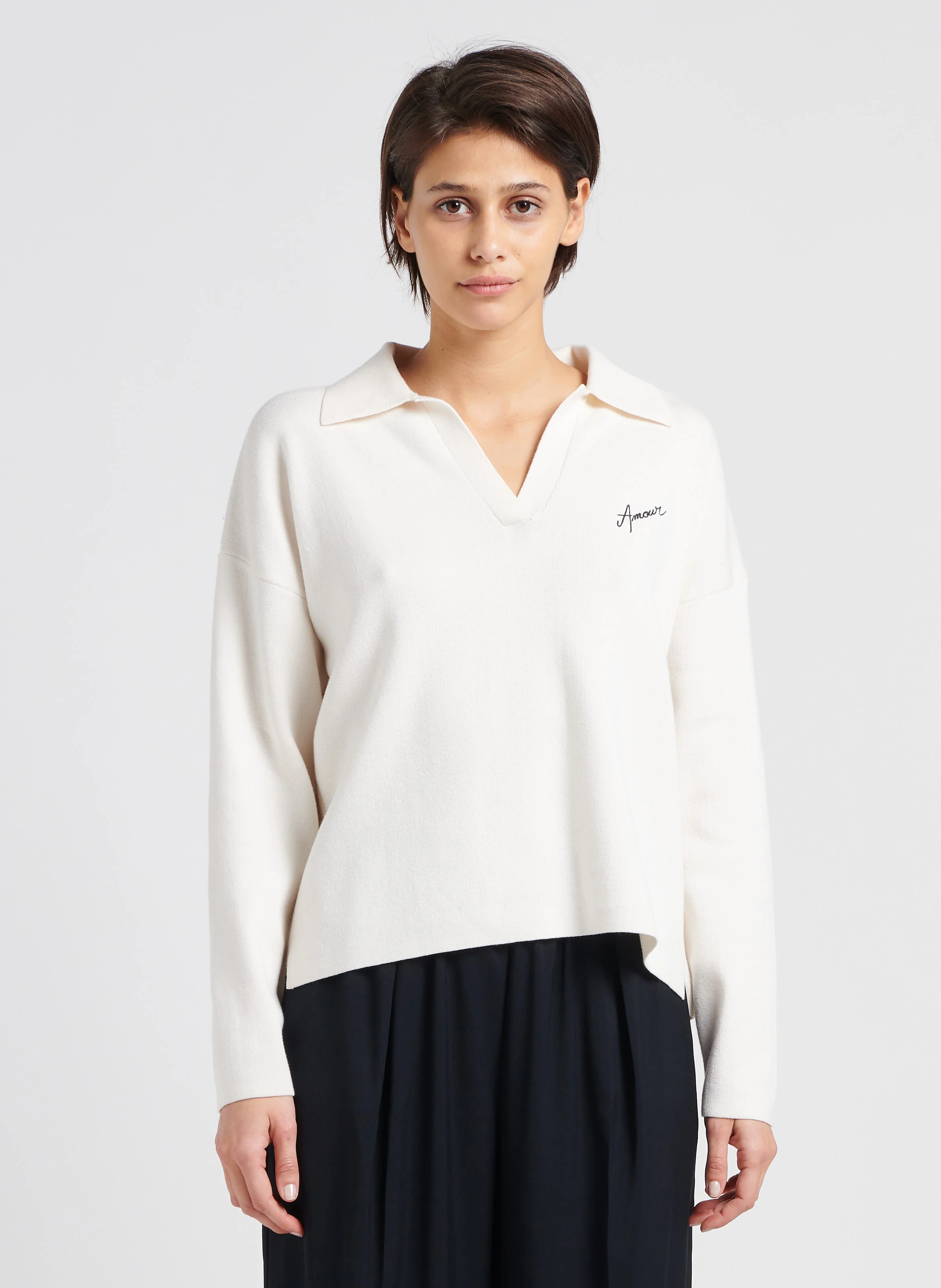 MONDOVIE AMOUR - Pull col V à revers en coton mélangé| Blanc