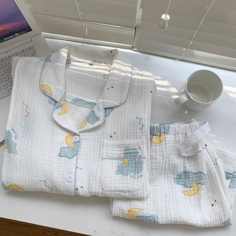 Dazzli - Pyjamaset: shirt met korte mouwen, kraag en print + shorts met elastische taille
