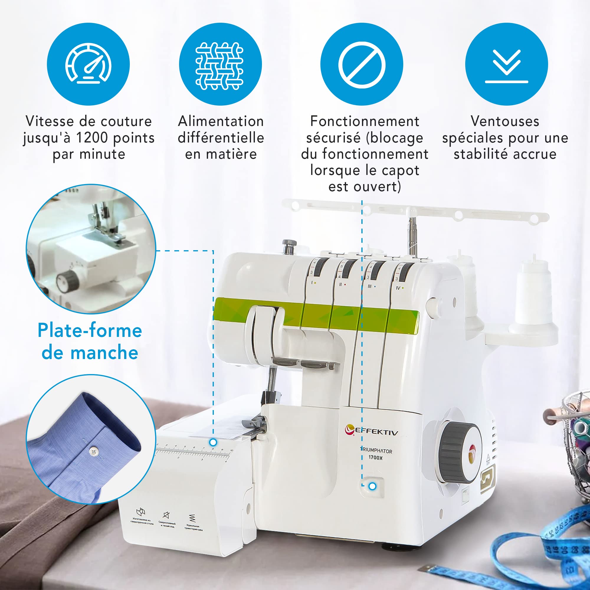 EFFEKTIV Surjeteuse Triumphator 1700X, Machine à Coudre Overlock, Filetage 3/4 Avec Différentiel, Cadre Entièrement en Métal, 14 points, Automatique,