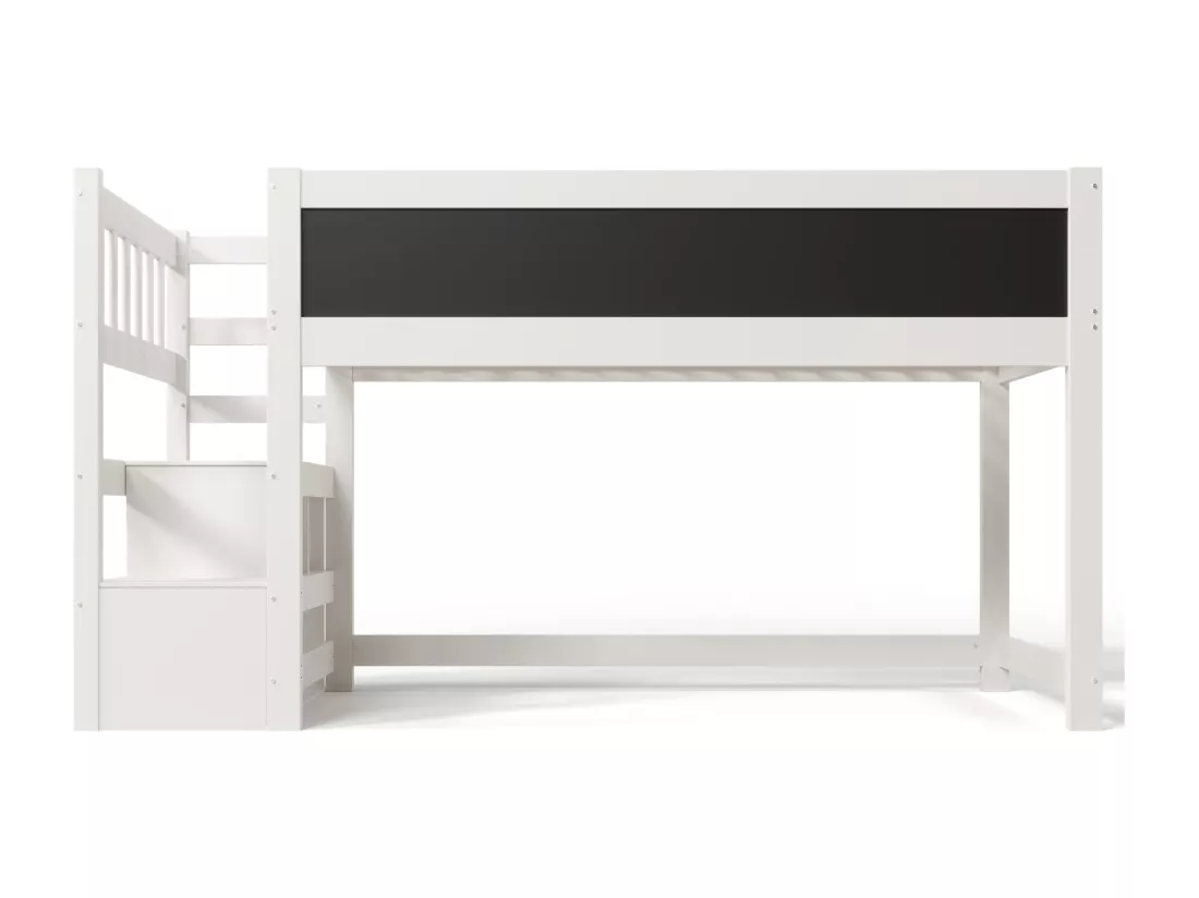 Lit mezzanine en pin massif - 90x200cm - avec un tableau noir - Blanc