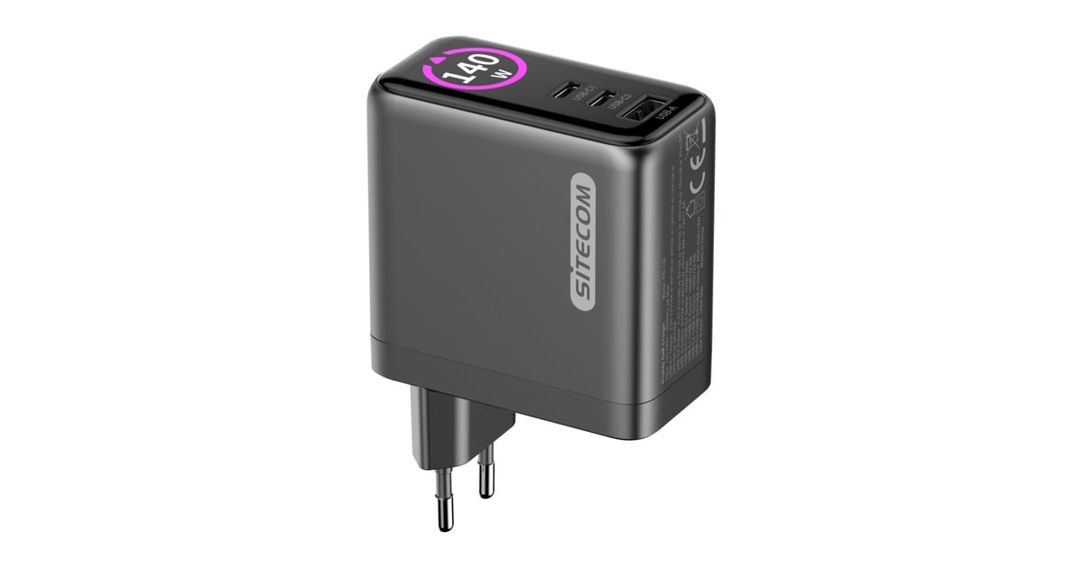 Sitecom140W GaN Power Delivery Wall Charger with full color LED display oplader  (Zwart)