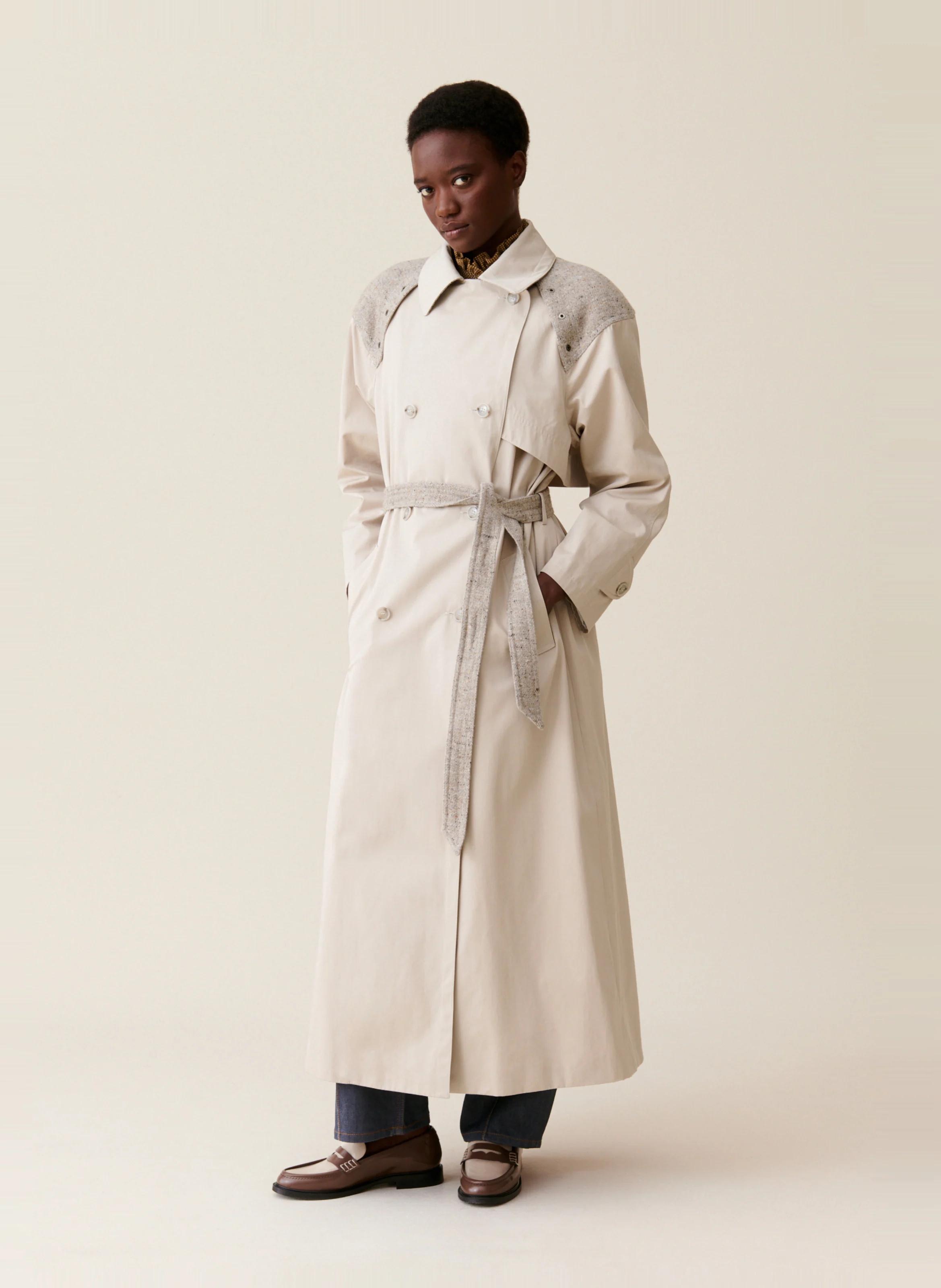 Trench long bi-matière | Beige