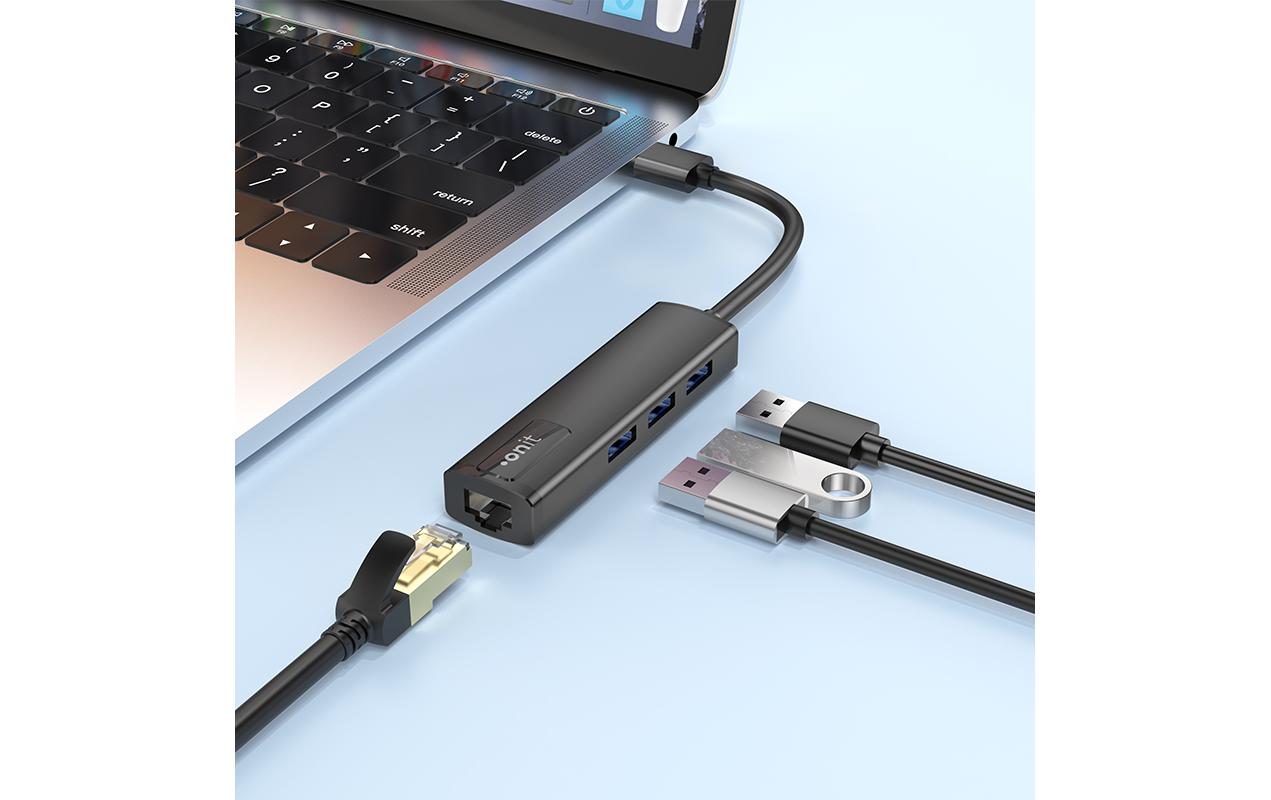 USB-A-Hub 3A1RJ45Leichter und kompakter Hub mit 3 USB-A-Ports und 1 RJ45-Port