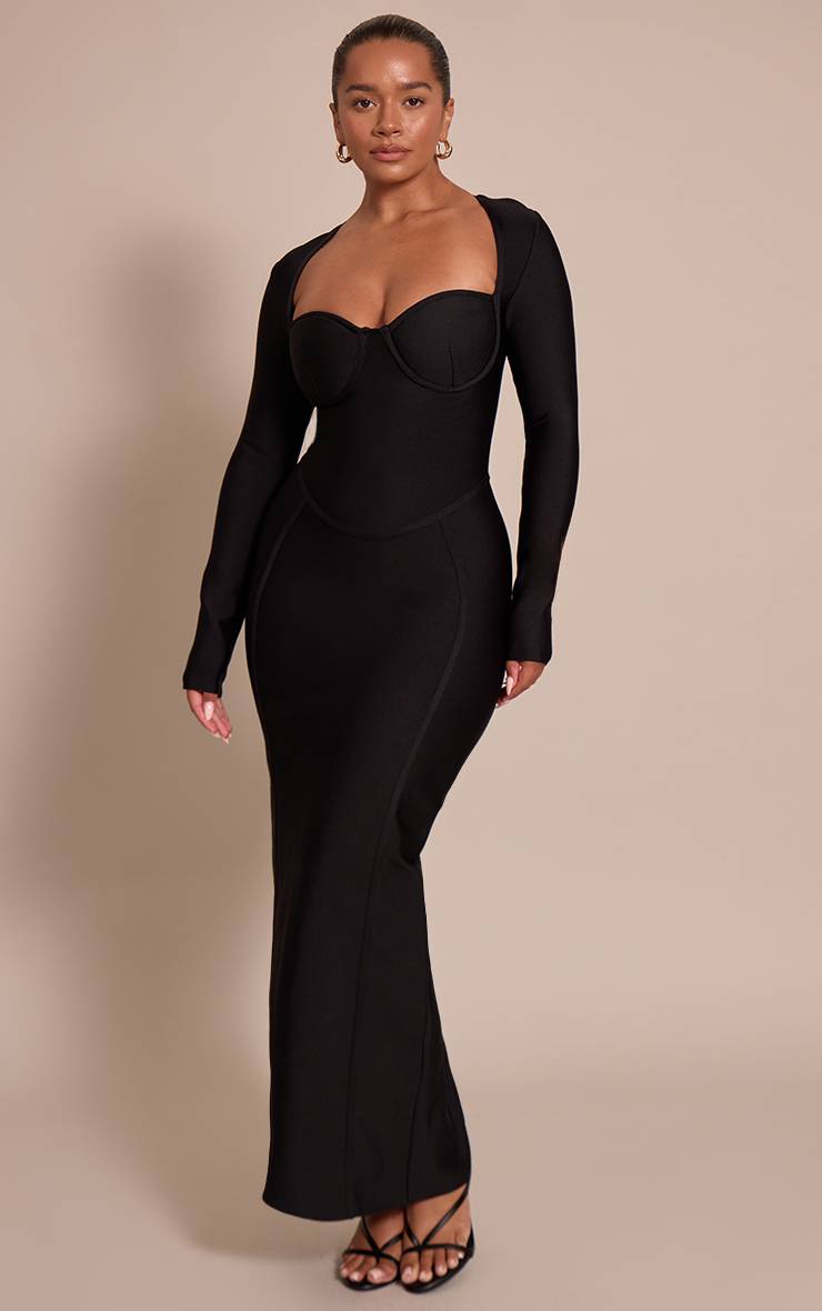 Noir Robe Maxi Corset À Manches Longues Bandage Sculptante