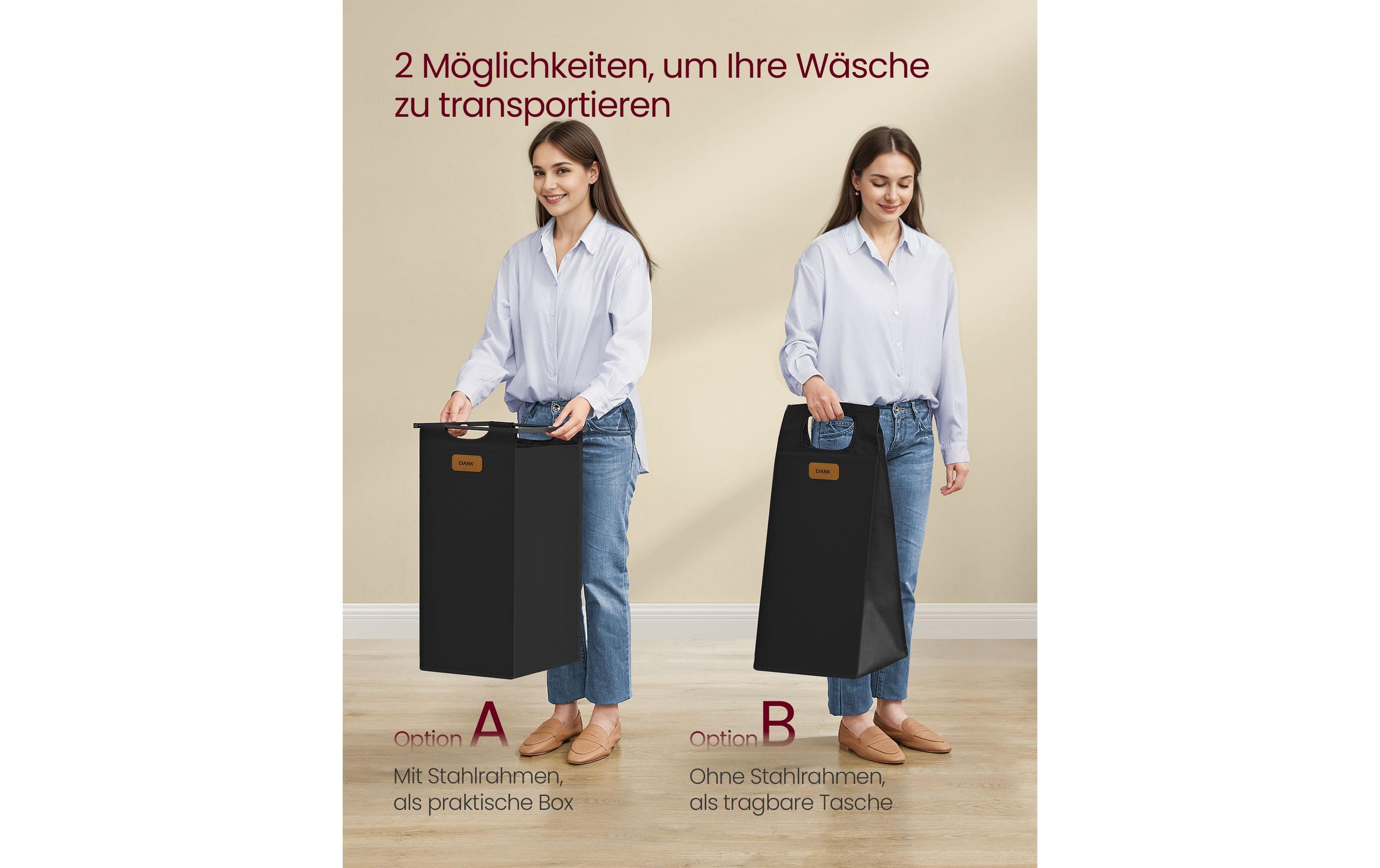 Wäschekorb 3 x 50 l, Schwarz / Grün<br>Wäschekorb mit drei Fächer, Rollen und abnehmbaren Taschen