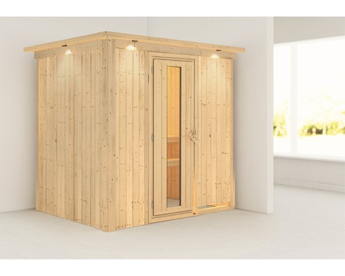 Karibu Wanja plug & play sauna zonder kachel, met dakrand en geïsoleerde houten deur met dubbel glas.